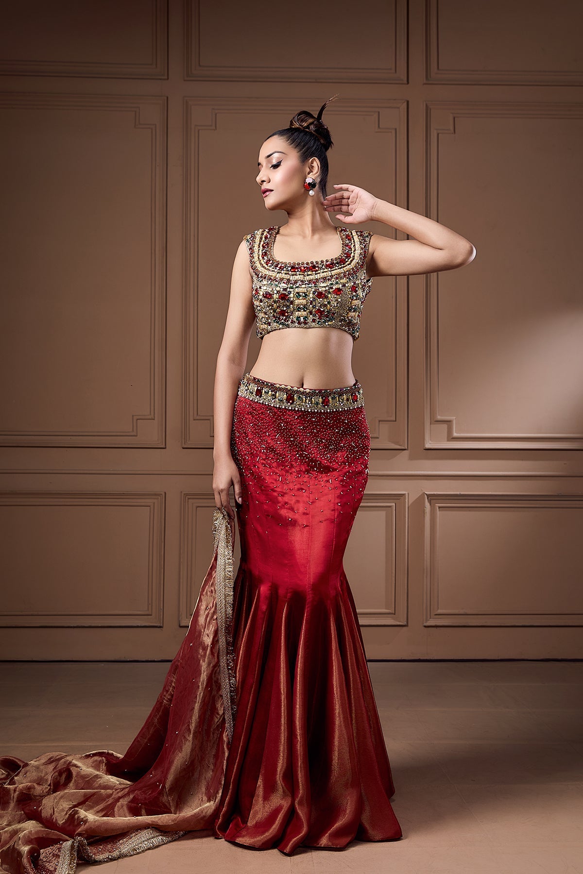 SWAROSKI STATEMENT CHOLI WITH GOITTED LEHENGA AND DUPATTA