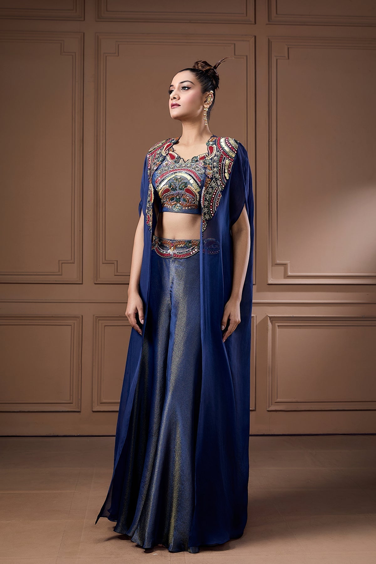QUIRKY COIN EMBELLISHED BUSTIER WITH CAPE AND PALAZZO SET