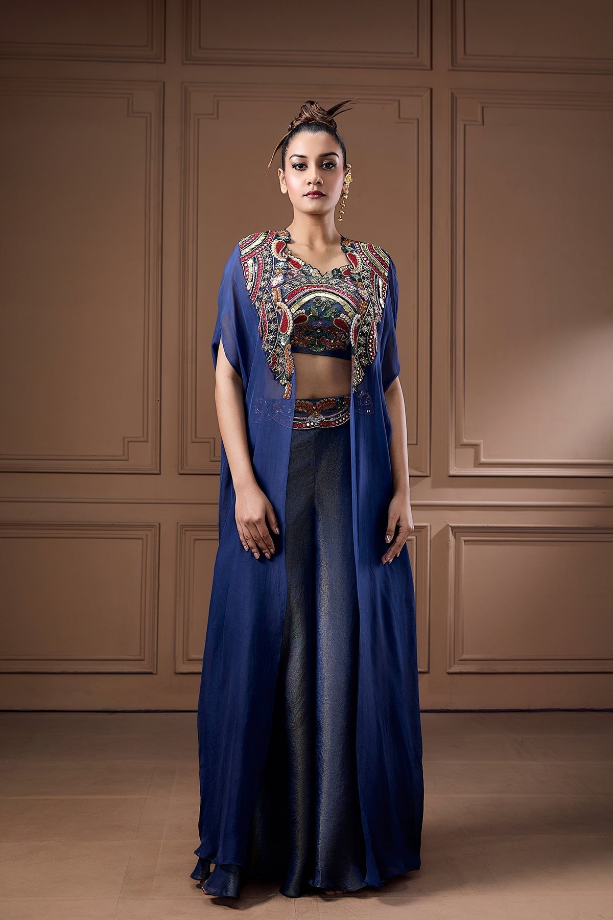 QUIRKY COIN EMBELLISHED BUSTIER WITH CAPE AND PALAZZO SET