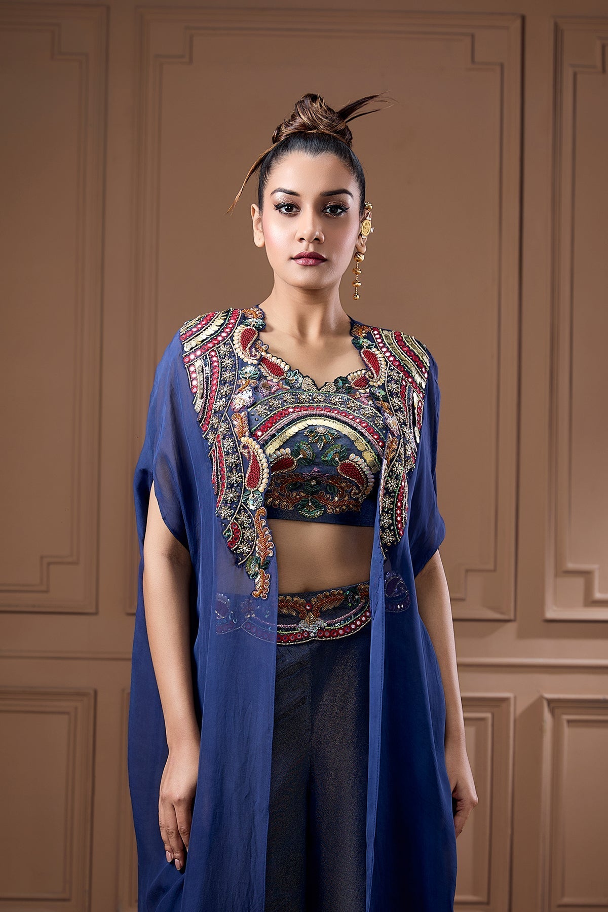 QUIRKY COIN EMBELLISHED BUSTIER WITH CAPE AND PALAZZO SET