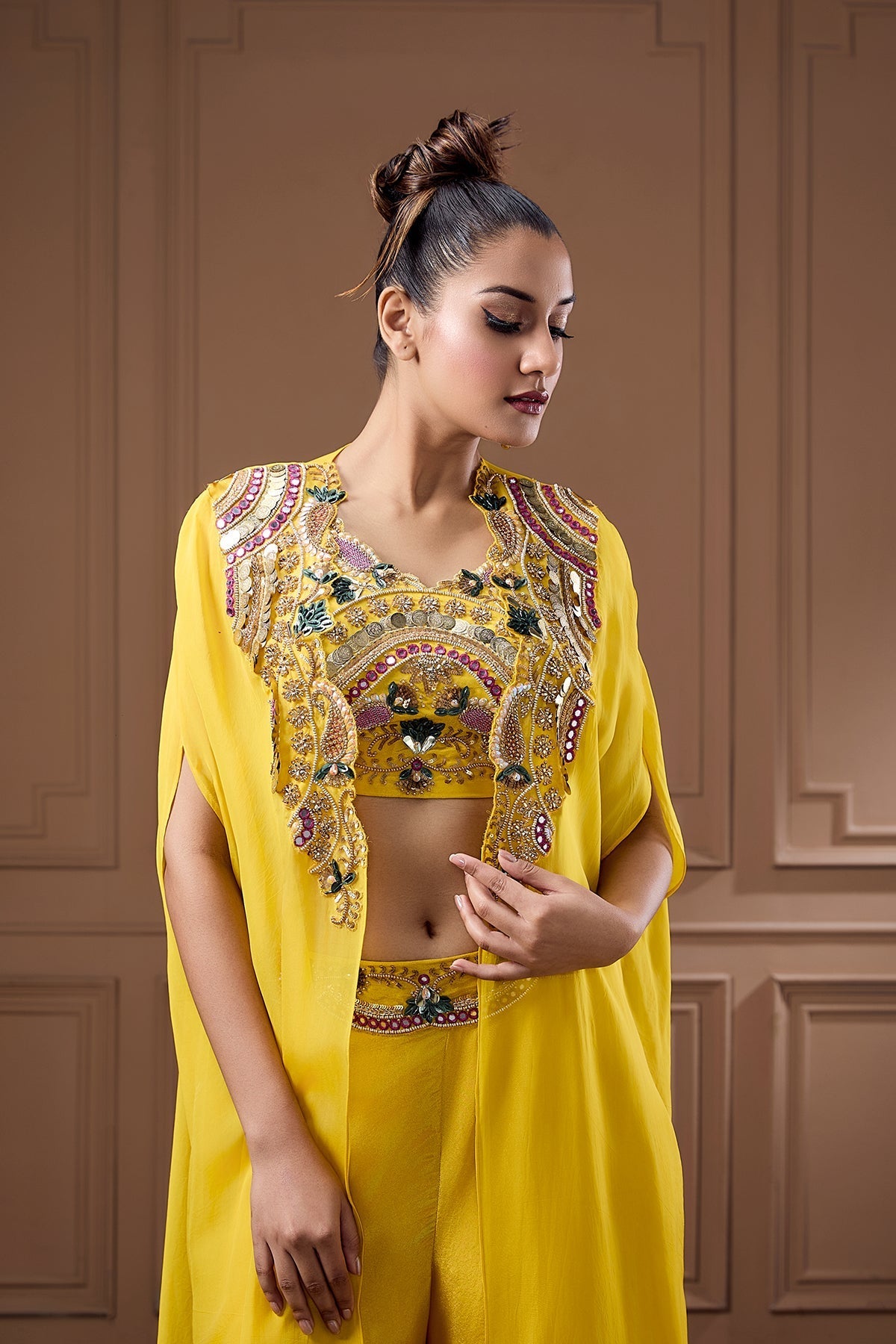 QUIRKY COIN EMBELLISHED BUSTIER WITH CAPE AND PALAZZO SET
