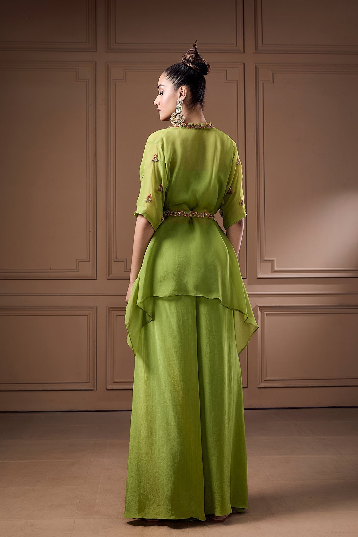 EMBELLISHED ASSYMETRIC SHRUG WITH BUSTIER AND PALAZZO WITH BELT