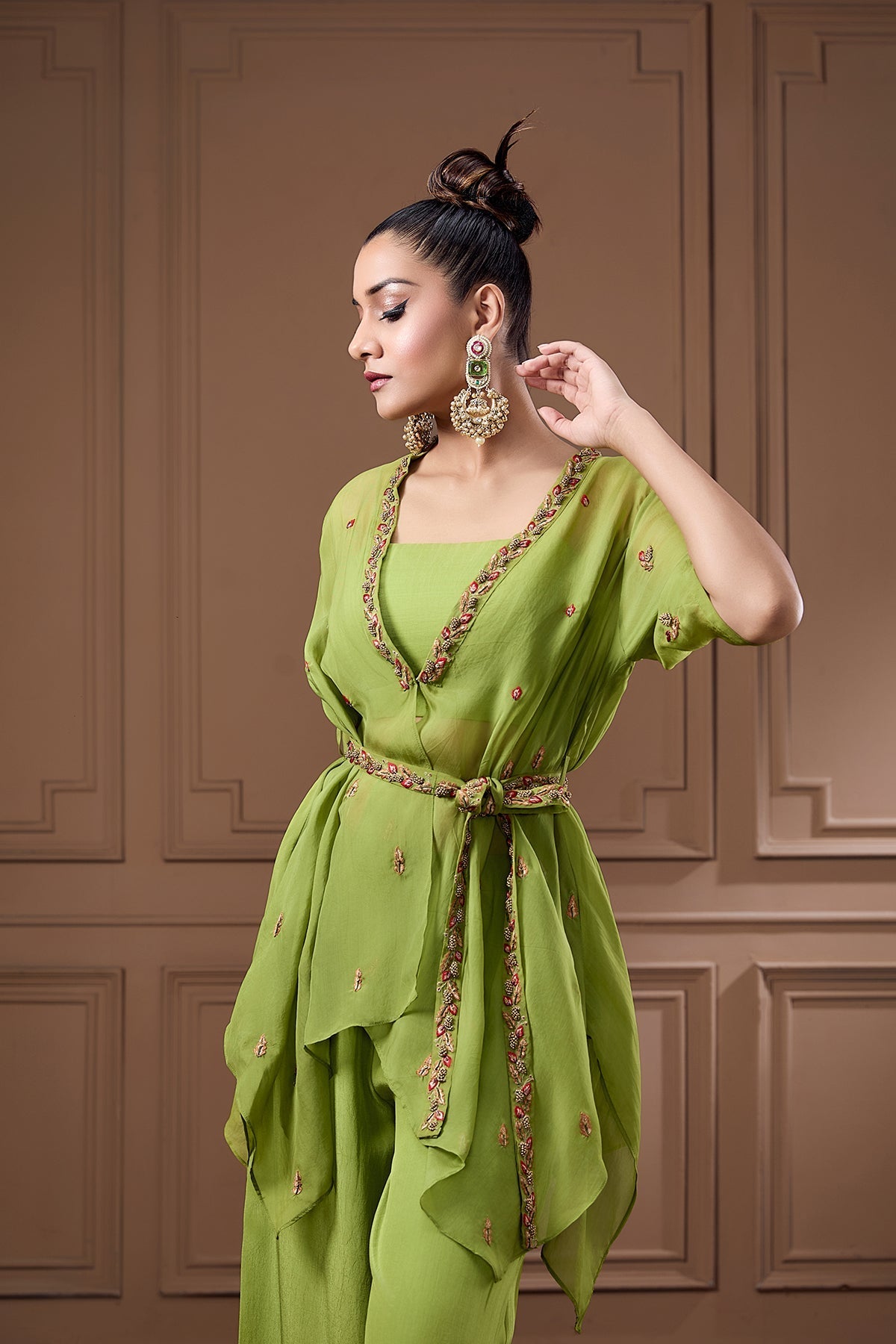 EMBELLISHED ASSYMETRIC SHRUG WITH BUSTIER AND PALAZZO WITH BELT