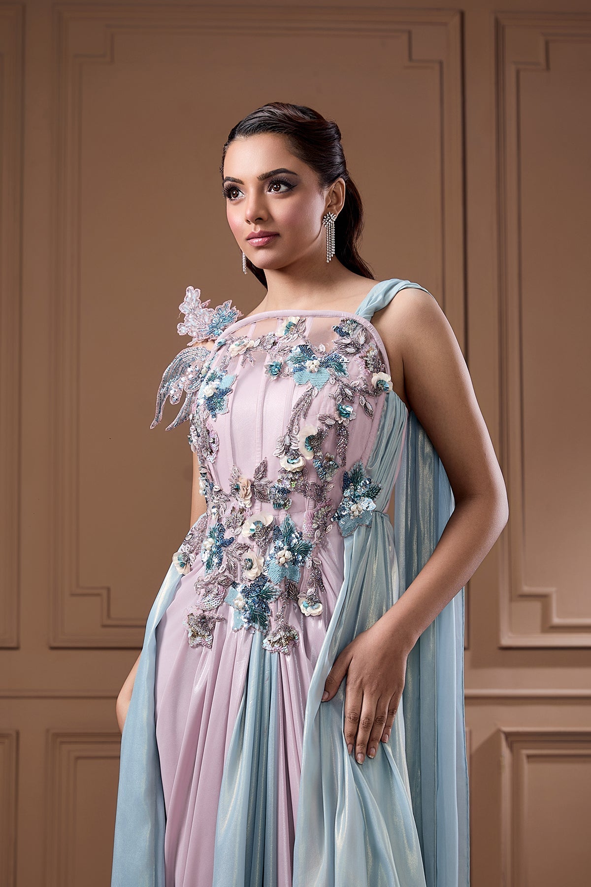 FAIRY LIKE EMBELLISHED CORSET STYLE DRAPING GOWN