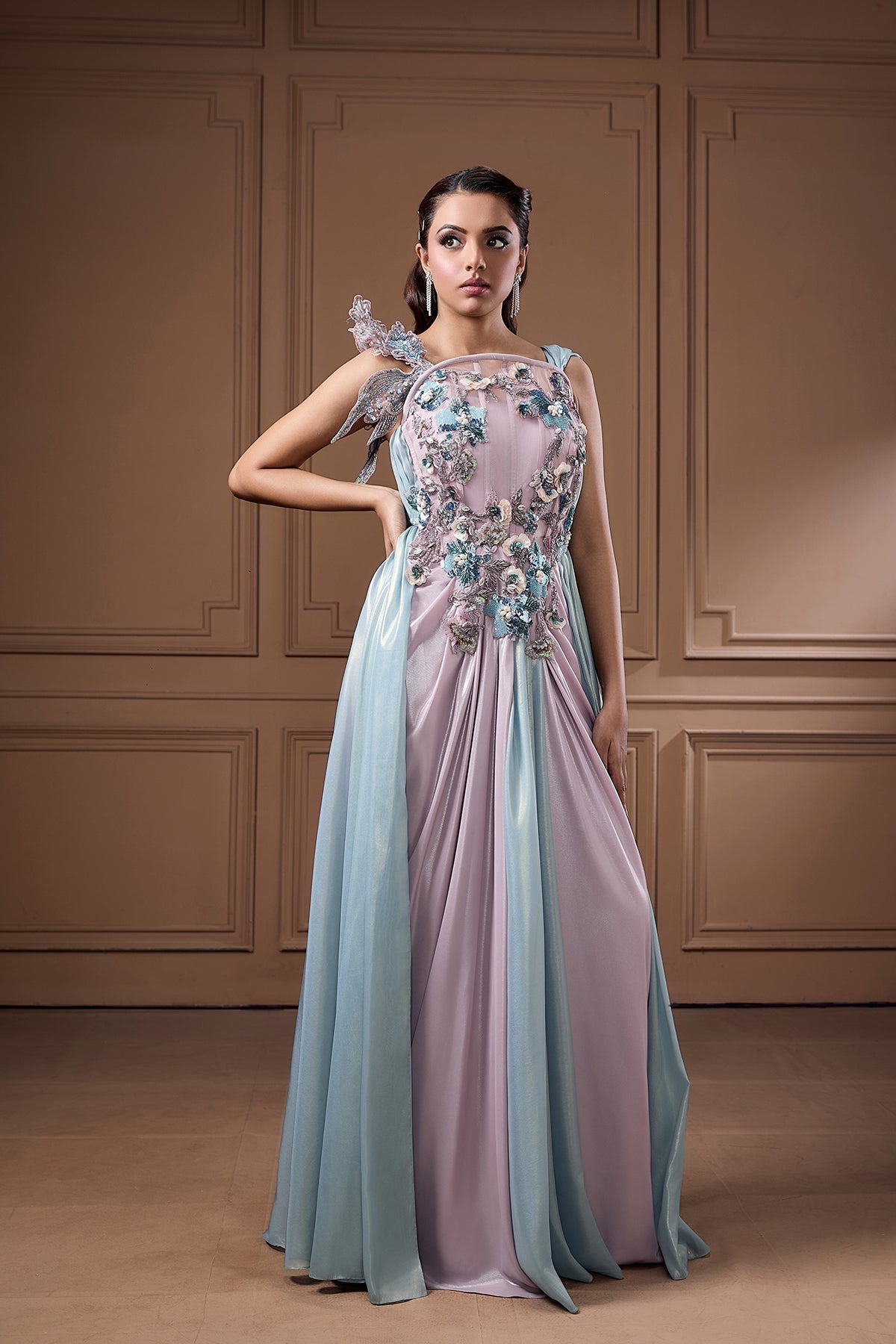 FAIRY LIKE EMBELLISHED CORSET STYLE DRAPING GOWN