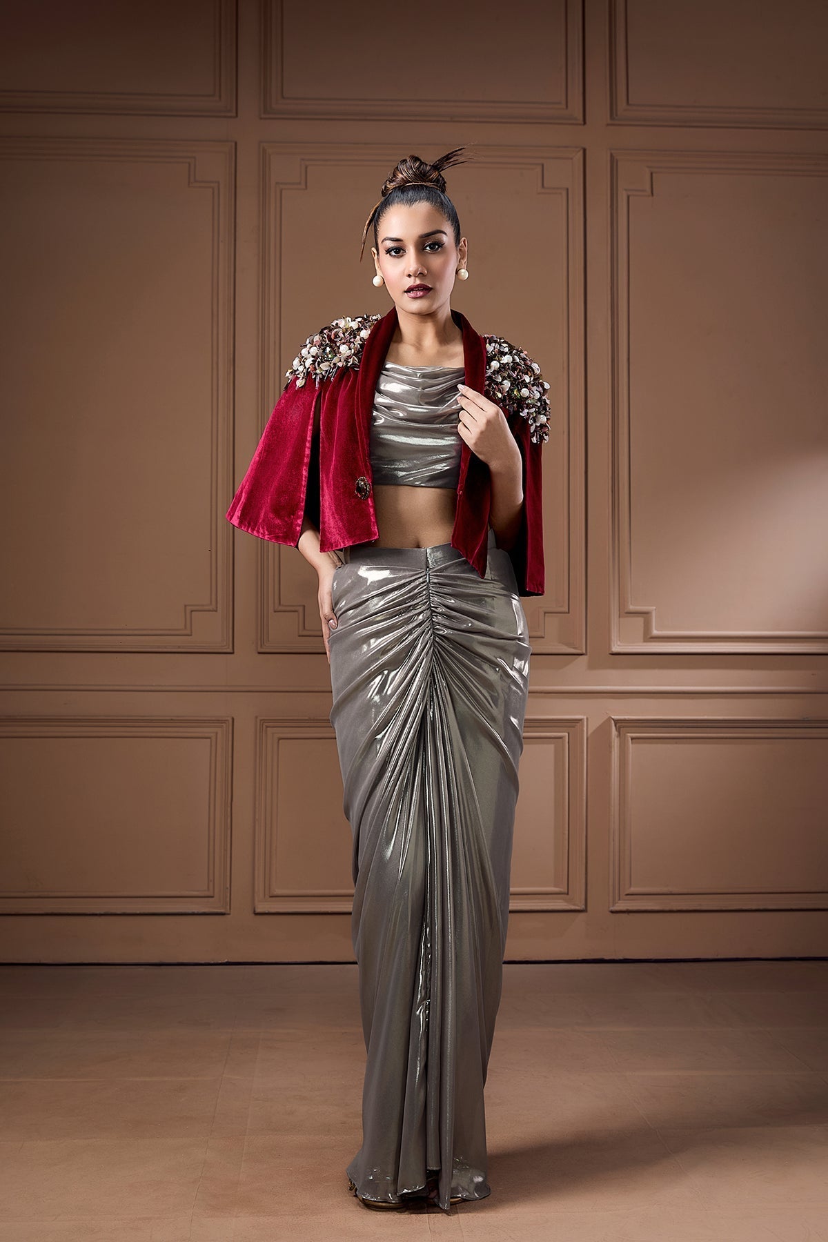 WINE VELVET CAPE WITH GLASS COWL BUSTIER AND DRAPE SKIRT