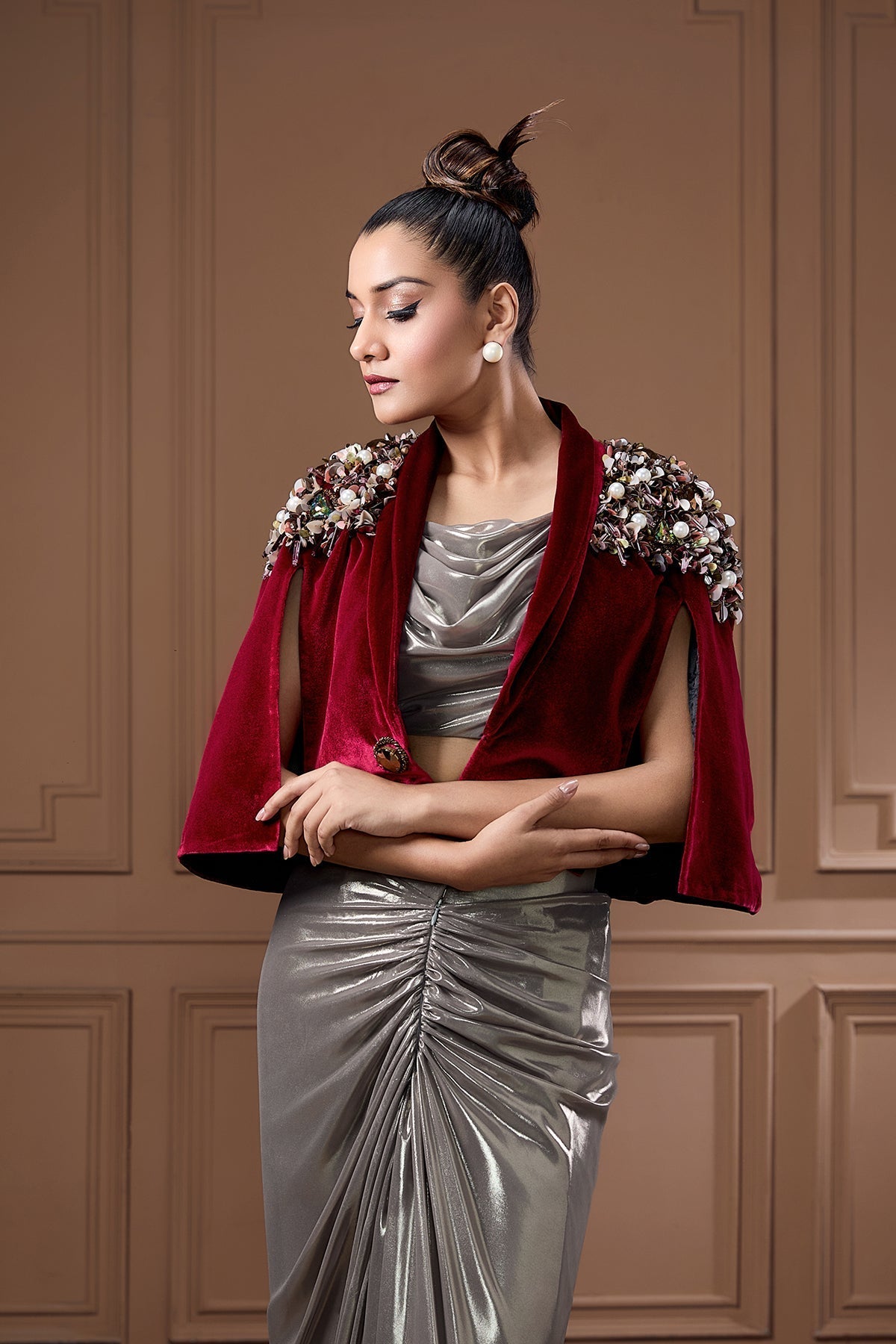 WINE VELVET CAPE WITH GLASS COWL BUSTIER AND DRAPE SKIRT