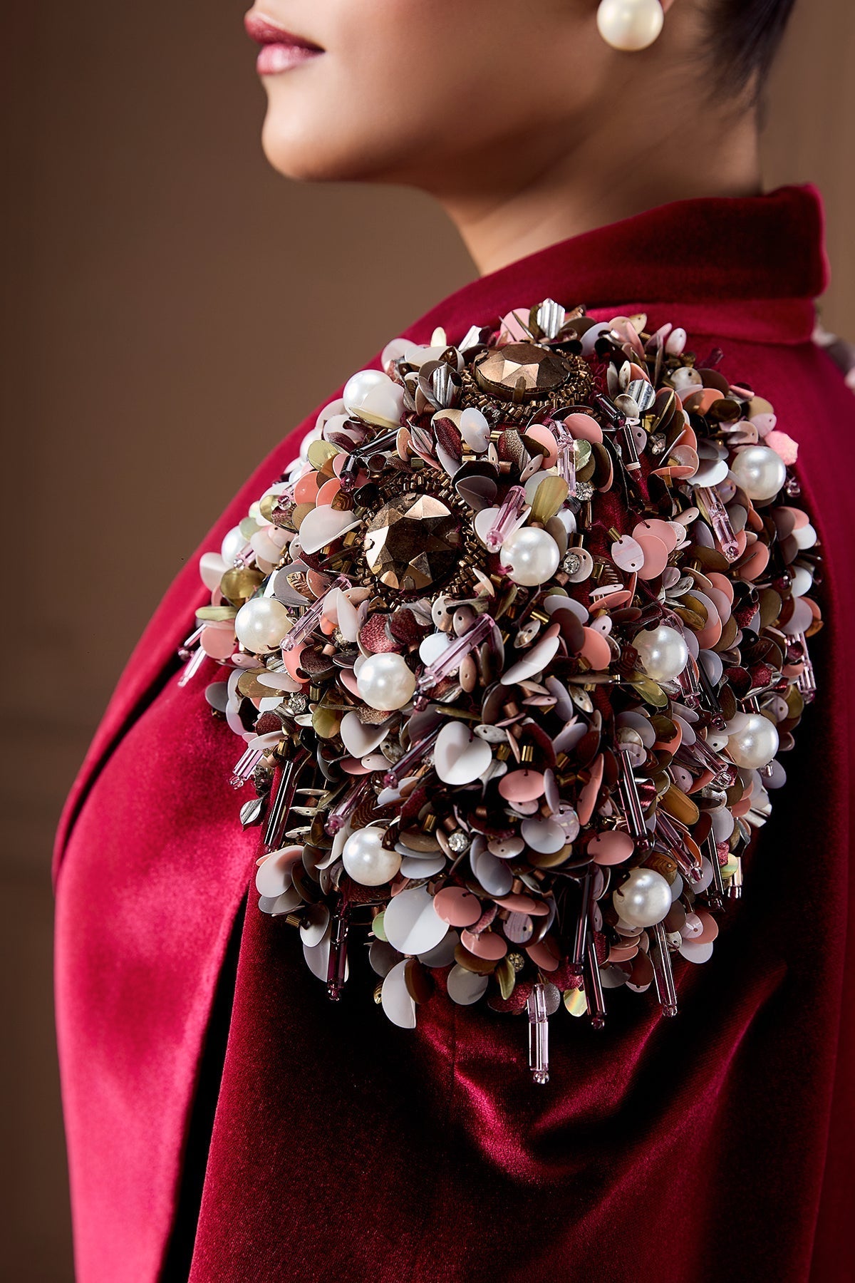 WINE VELVET CAPE WITH GLASS COWL BUSTIER AND DRAPE SKIRT