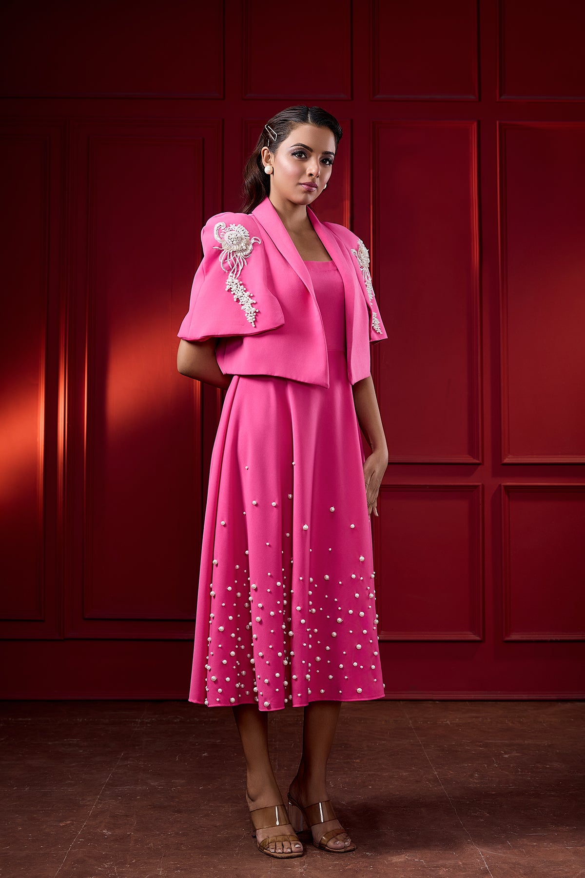 MIDI A-LINE PEARL DRESS WITH CAPE