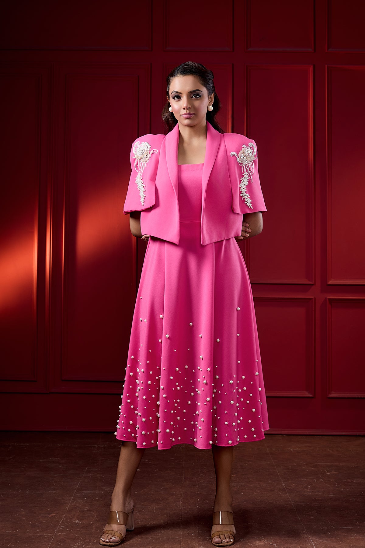 MIDI A-LINE PEARL DRESS WITH CAPE
