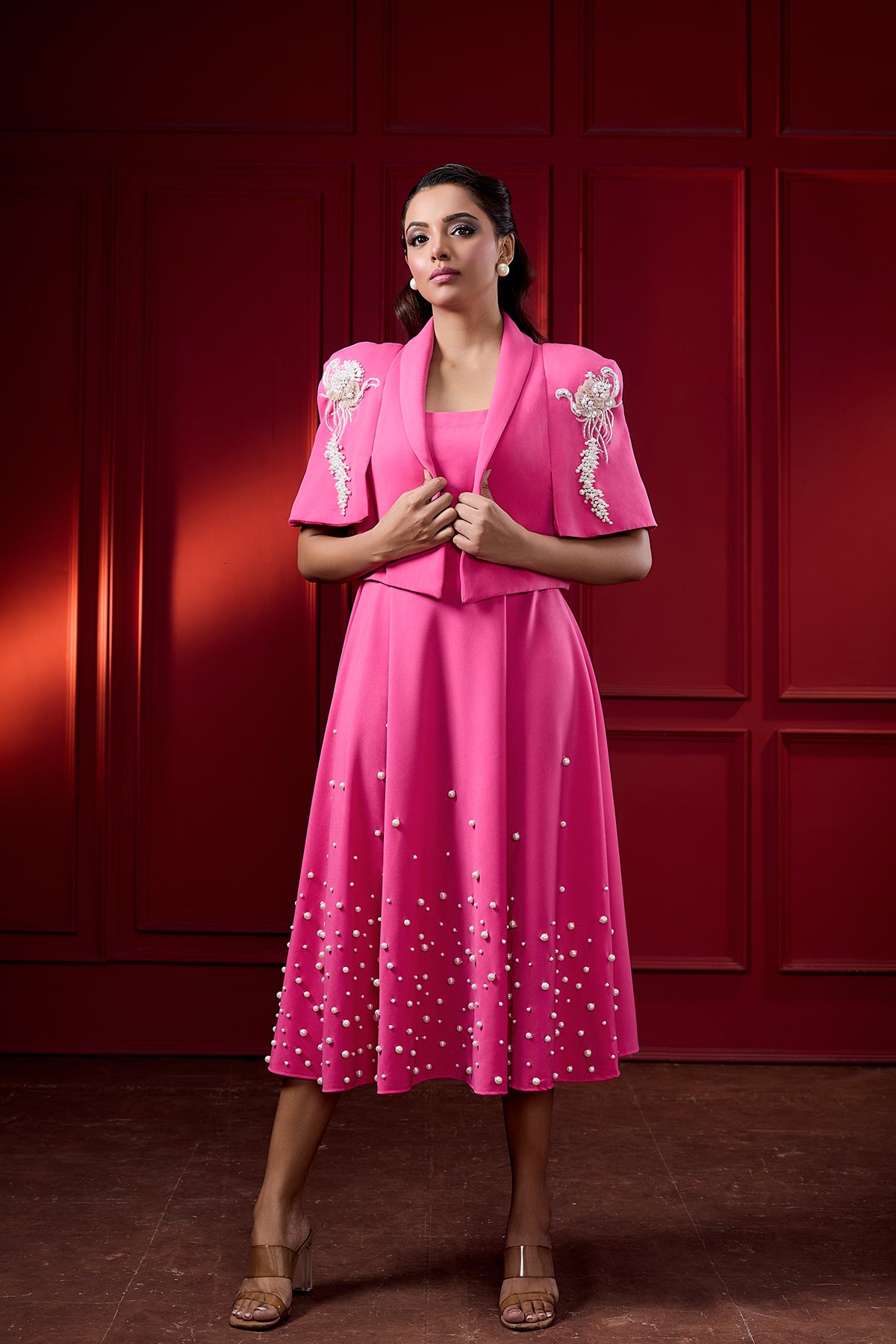 MIDI A-LINE PEARL DRESS WITH CAPE
