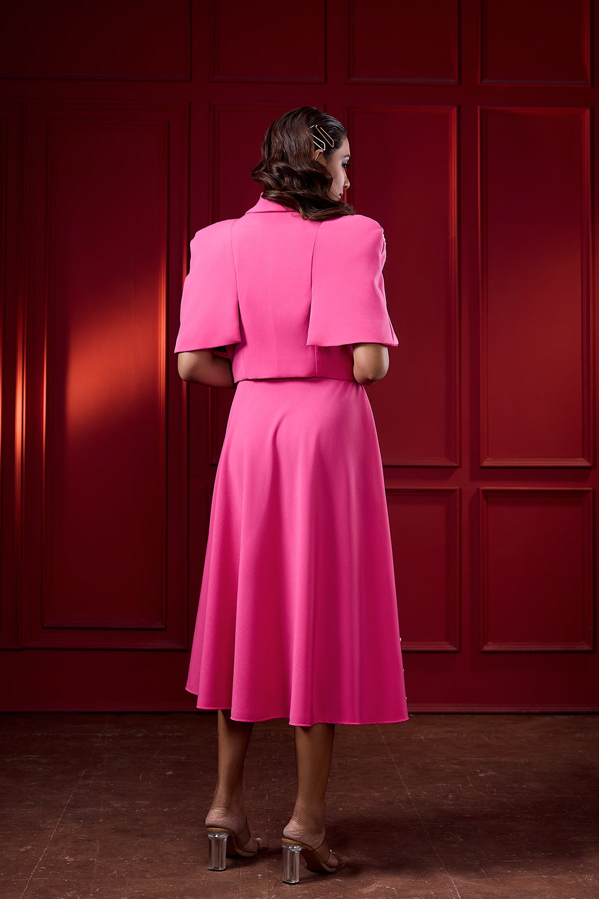 MIDI A-LINE PEARL DRESS WITH CAPE
