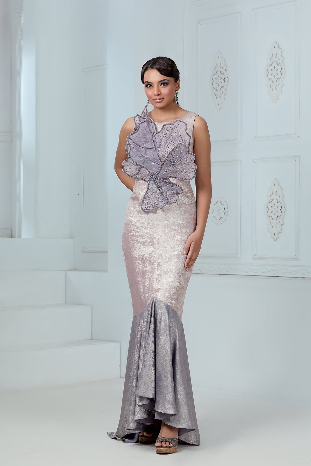 3-D LEAVES MERMAID GOWN