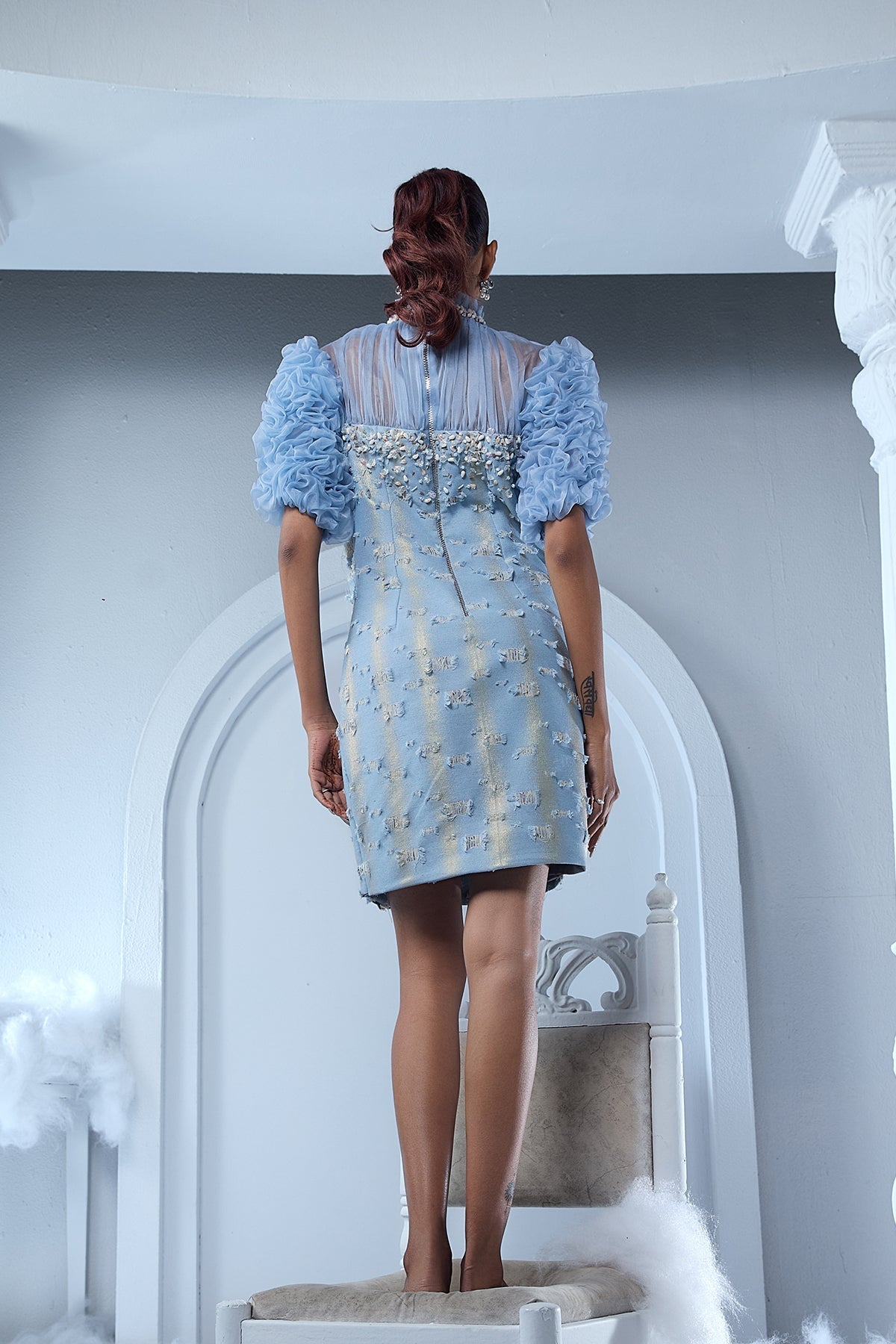 FRINGED STYLE PUFF SLEEVED DRESS