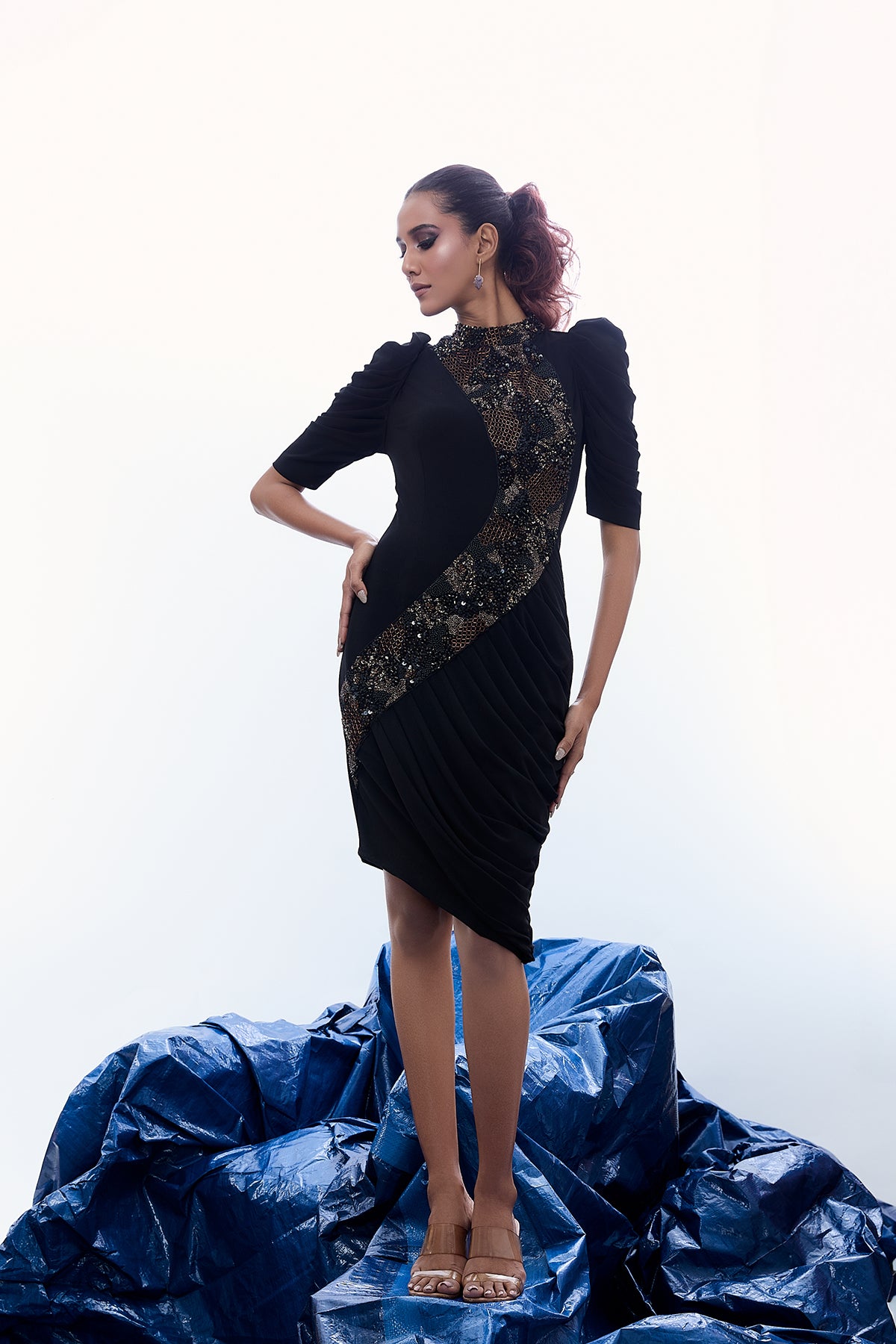 ASYMMETRIC COWL DRESS WITH STATEMENT EMBELLISHMENT