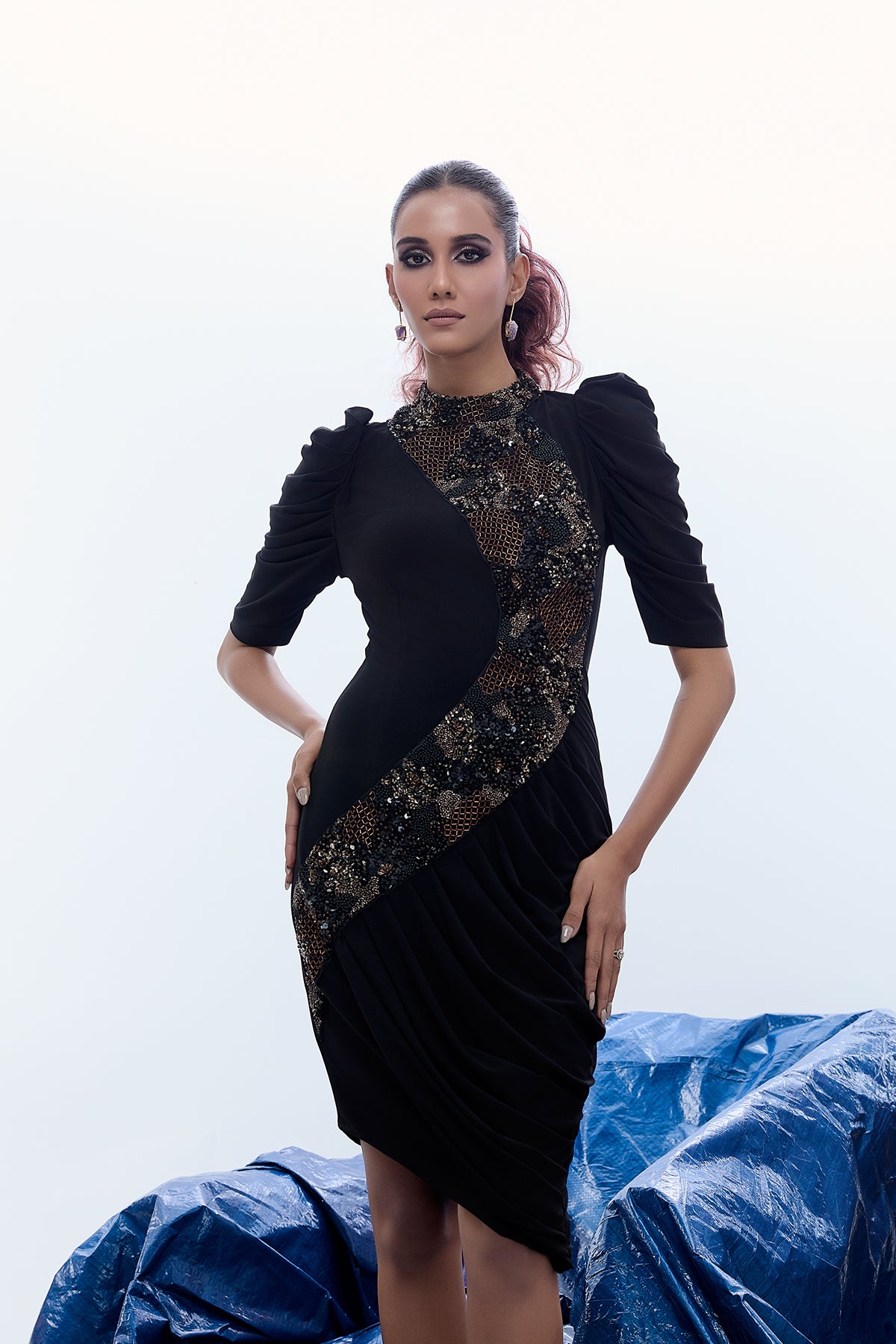 ASYMMETRIC COWL DRESS WITH STATEMENT EMBELLISHMENT