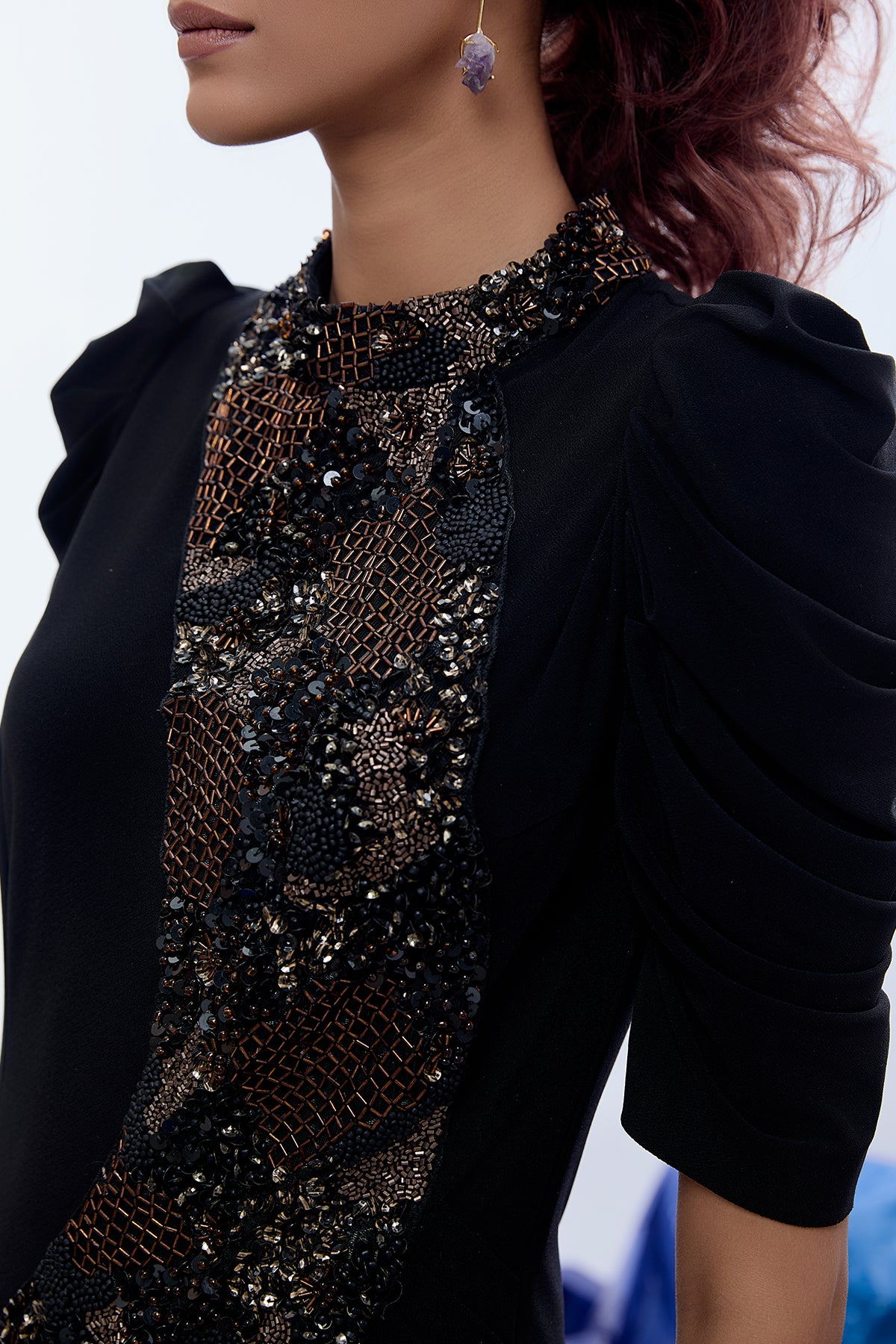 ASYMMETRIC COWL DRESS WITH STATEMENT EMBELLISHMENT
