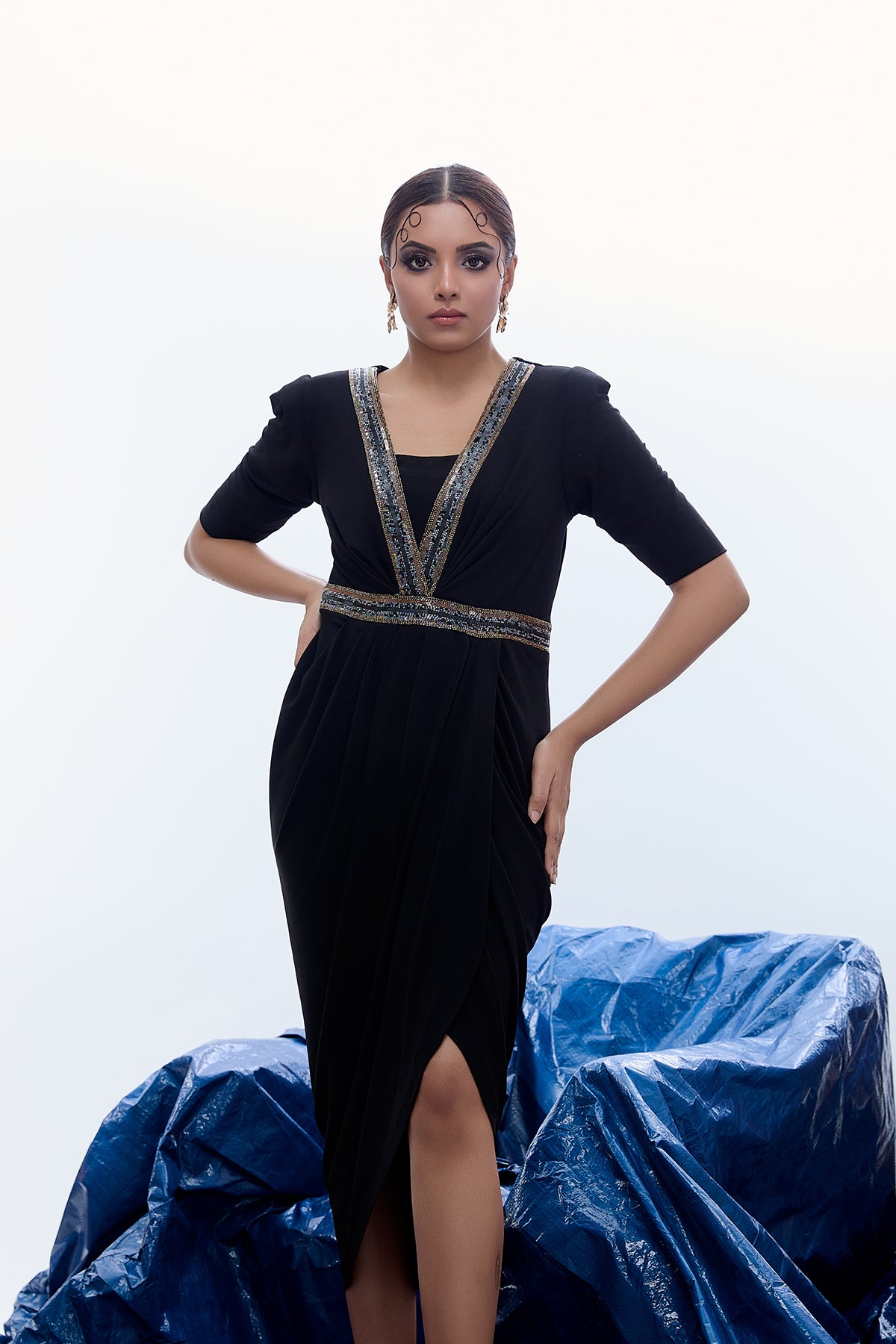 V-NECK DRAPE DRESS