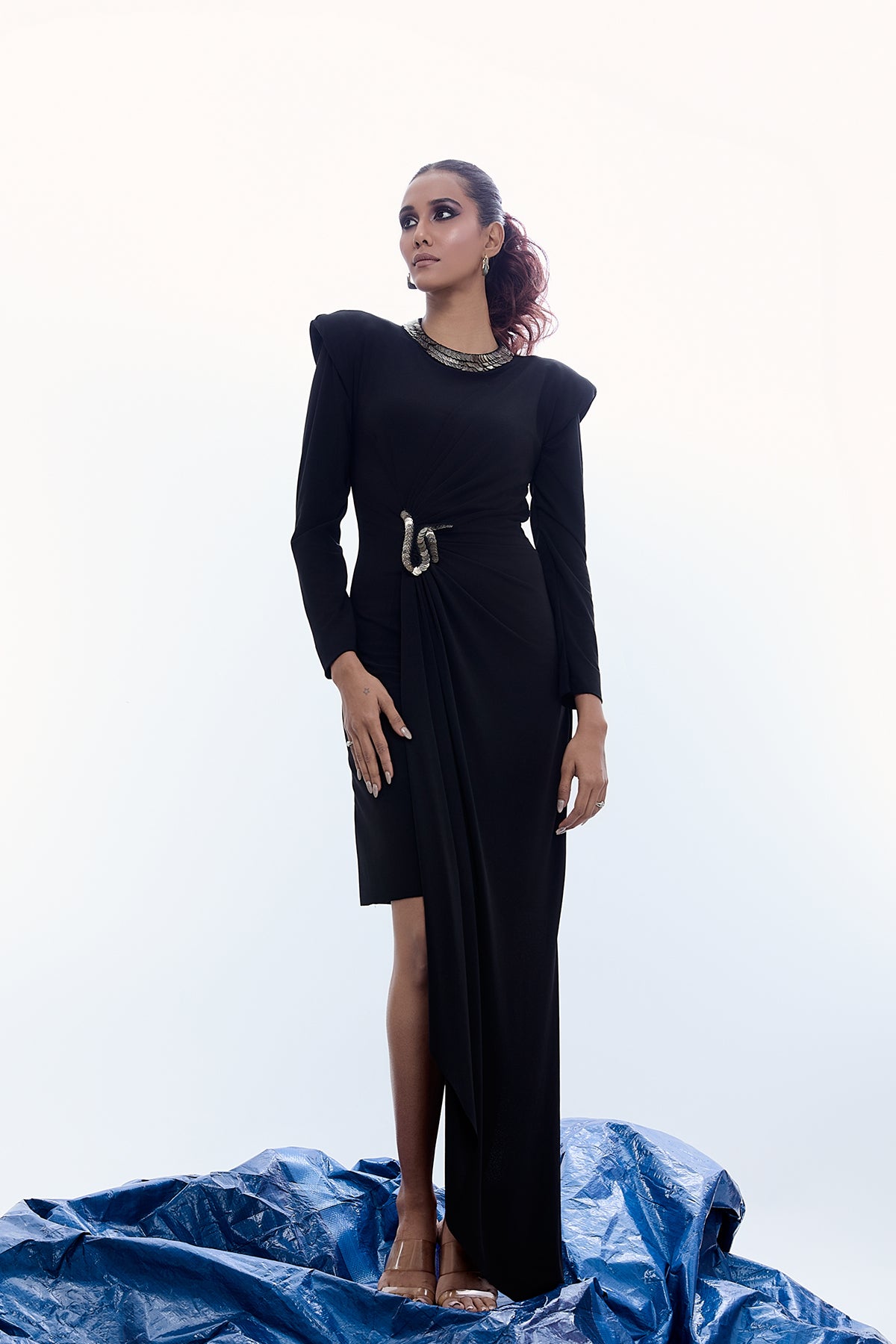PADDED SHOULDER COIN DRESS