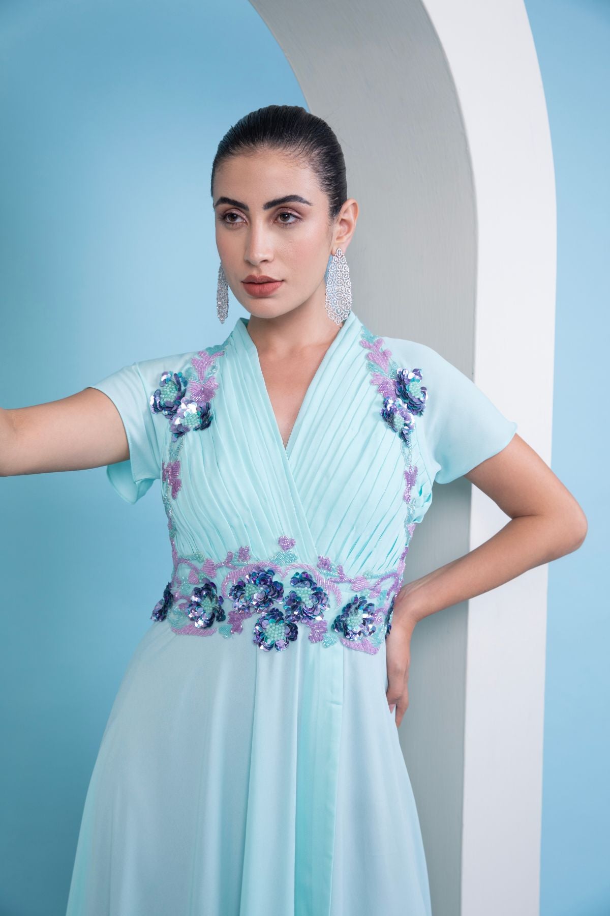 Aqua blue draped Grecian gown
