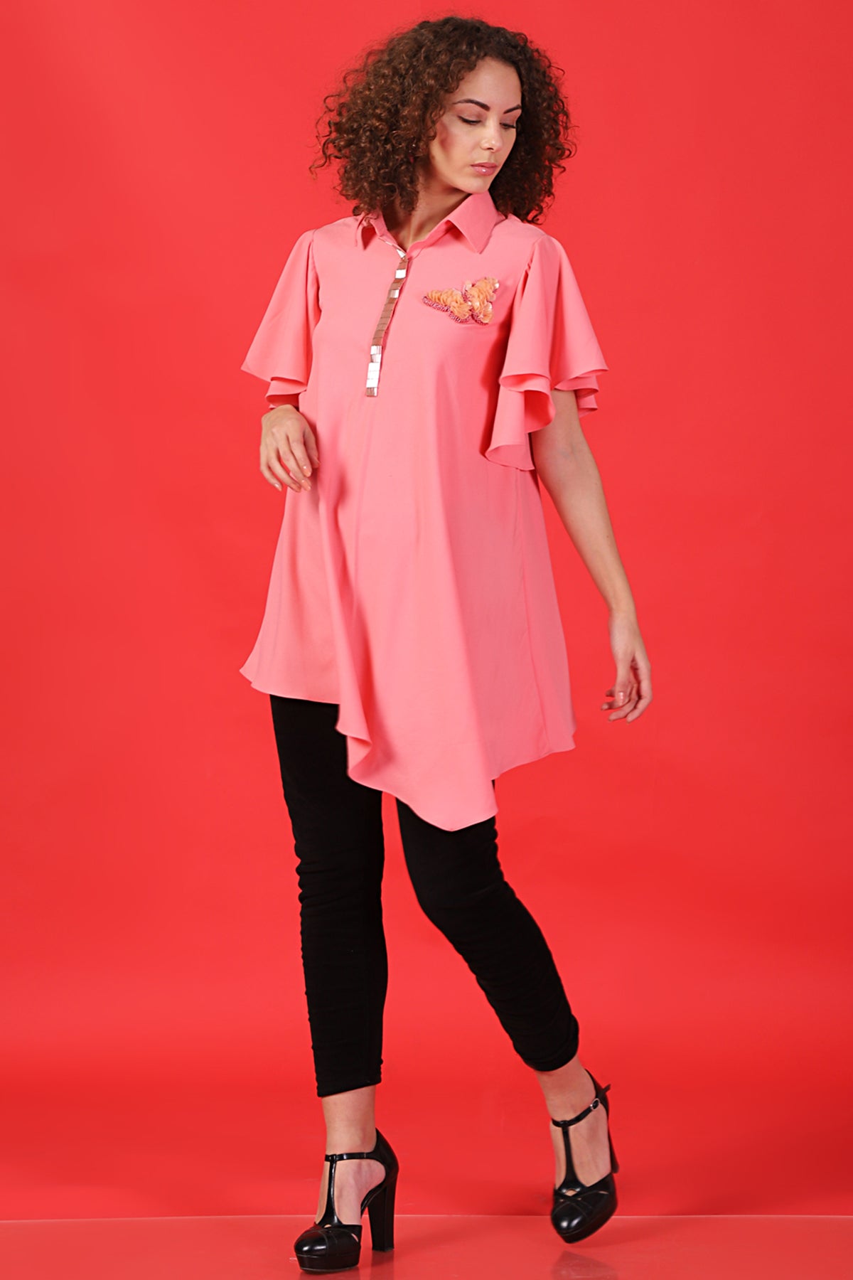 Asymmetric bell sleeves butterfly shirt