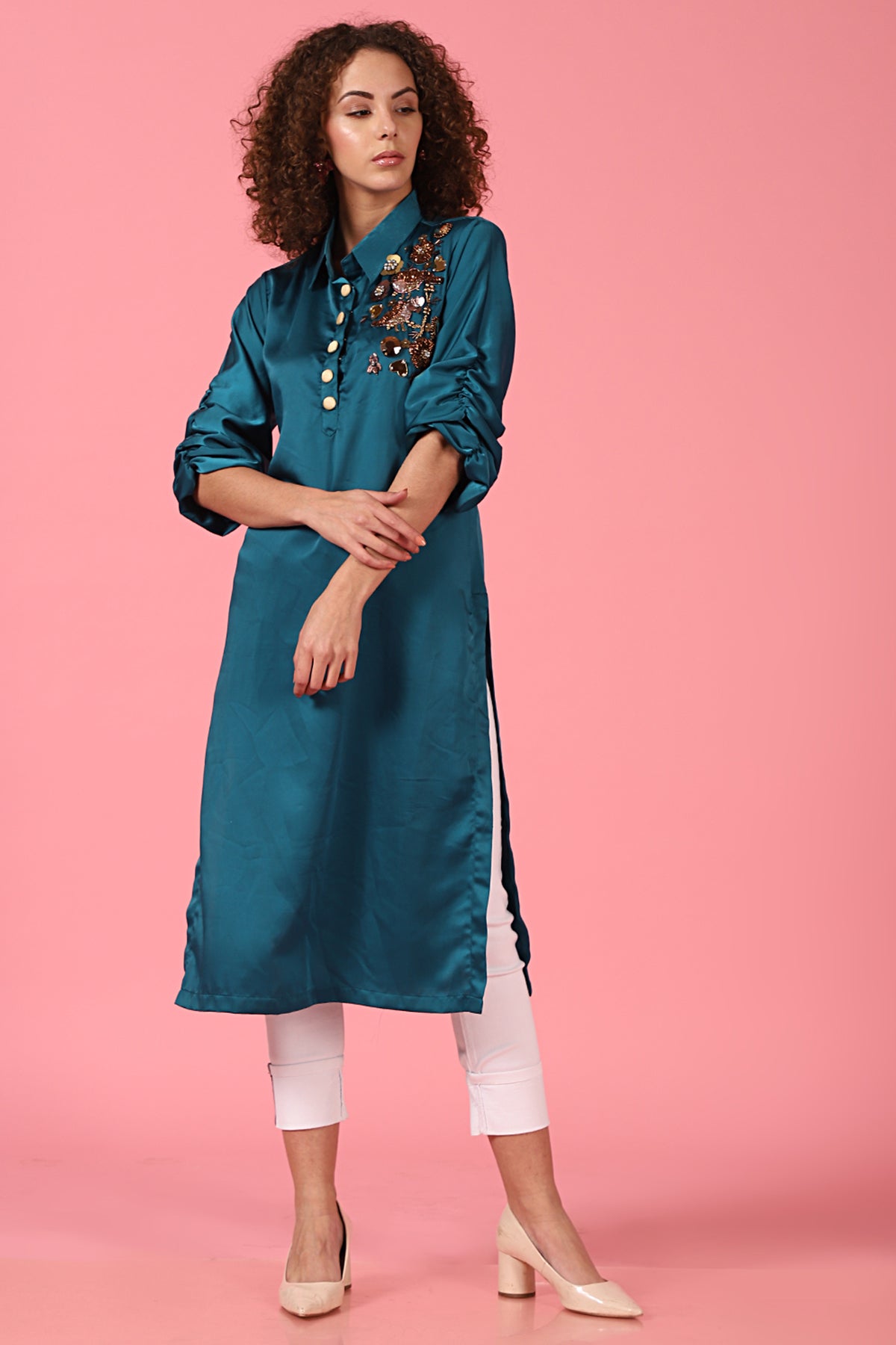 Bird Embellished Teal Shirt Kurti