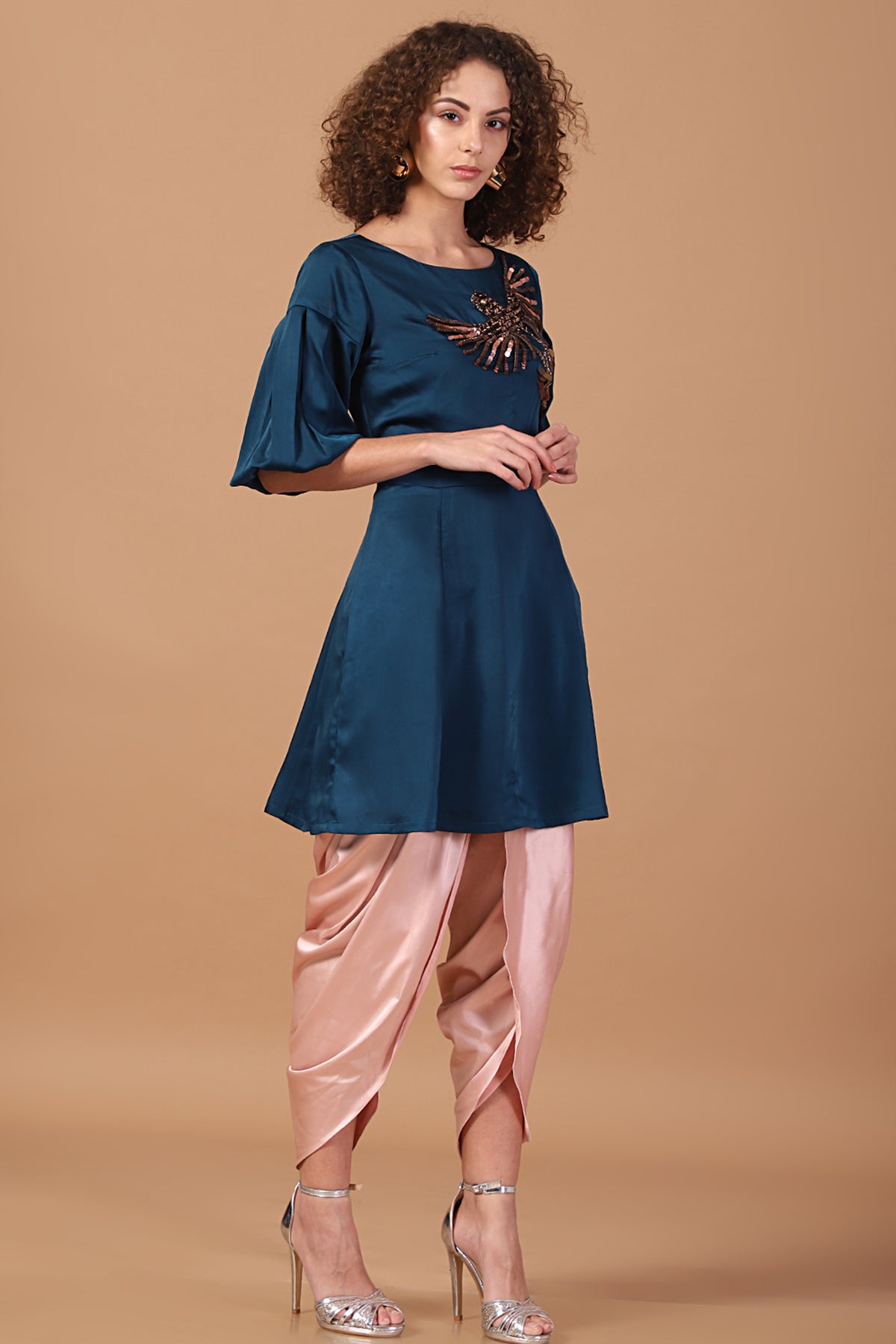 Teal Peplum Kurti with Tulip draped pants