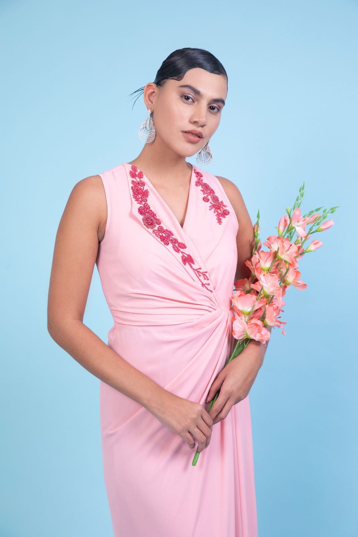 Peach Trench collared knot draped Maxi Gown