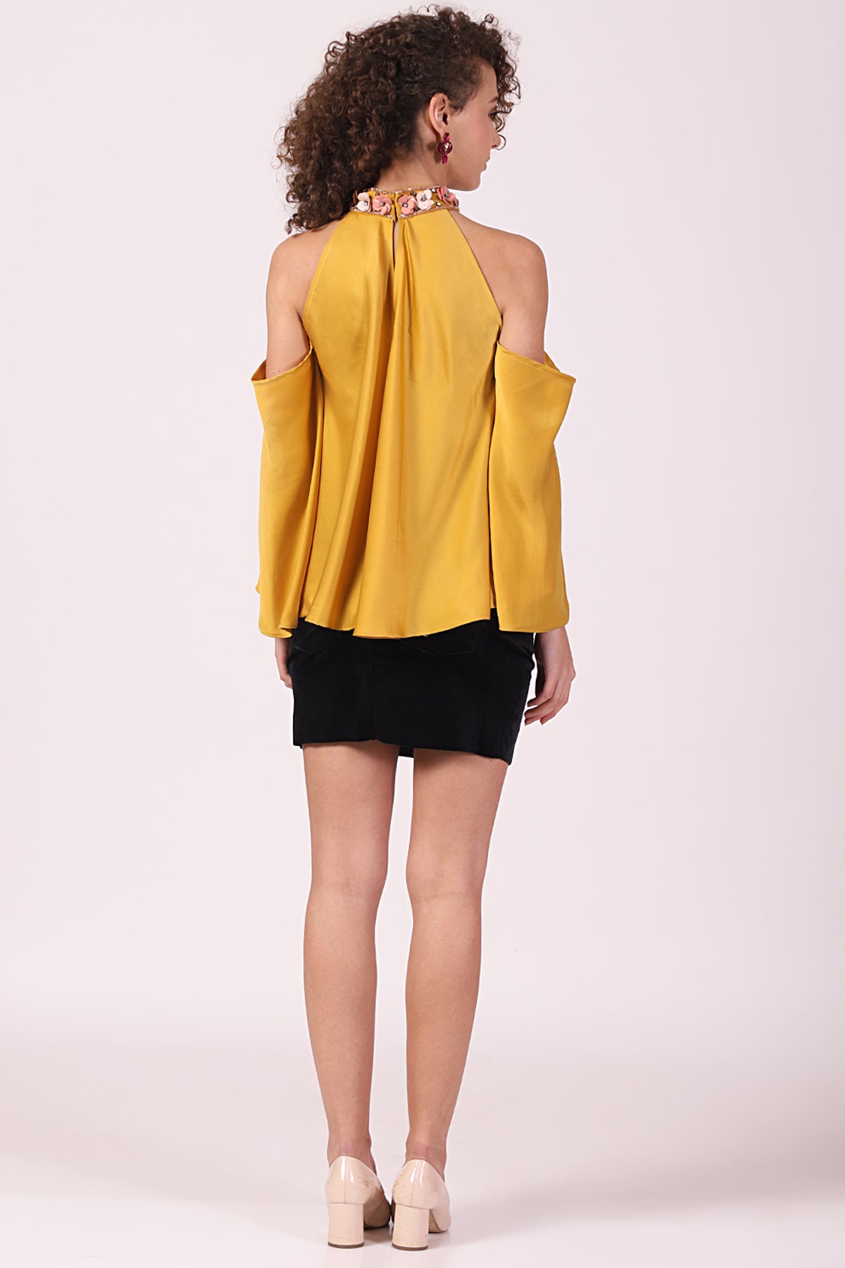 Mustard high-neck Cold Shoulder Top