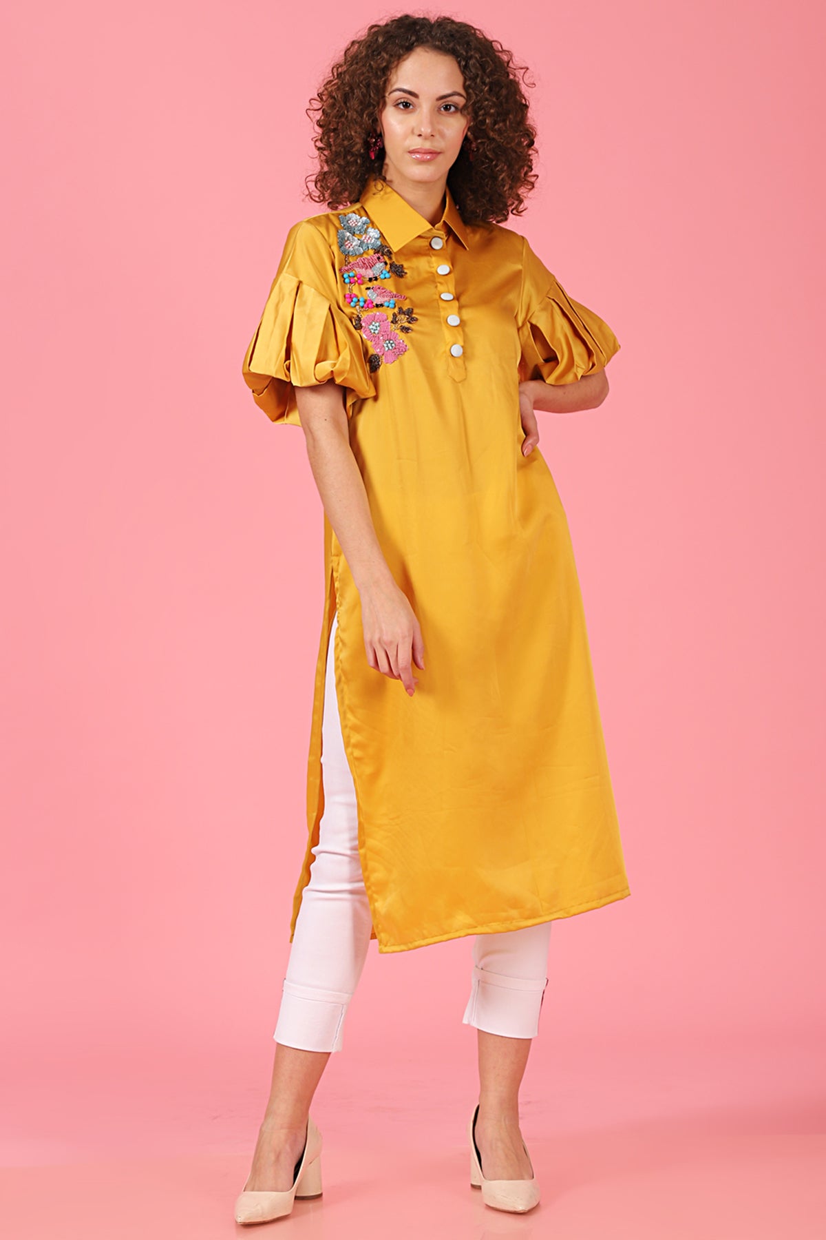 Bird Motif Mustard Lantern Shirt Kurti