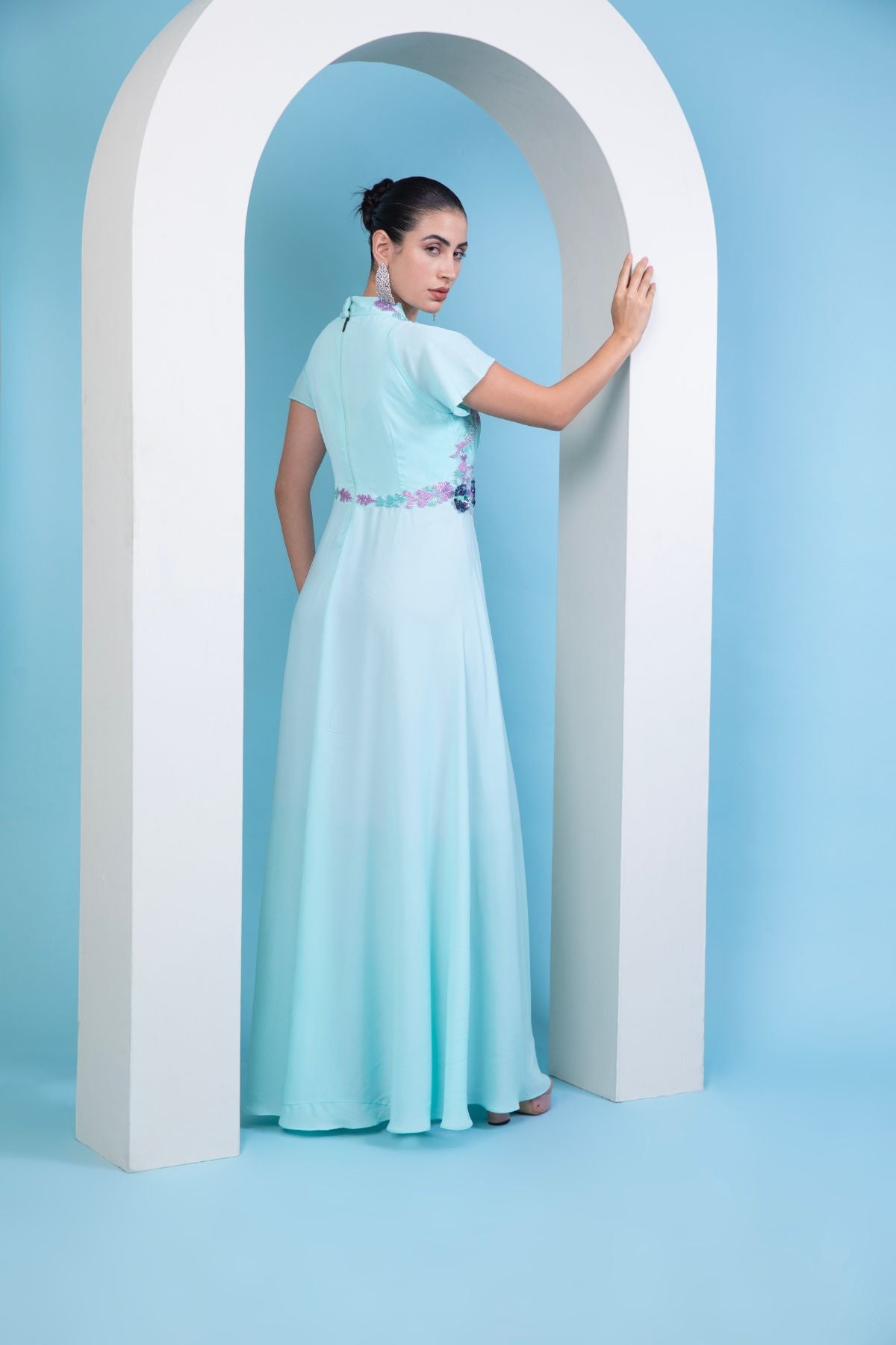 Aqua blue draped Grecian gown