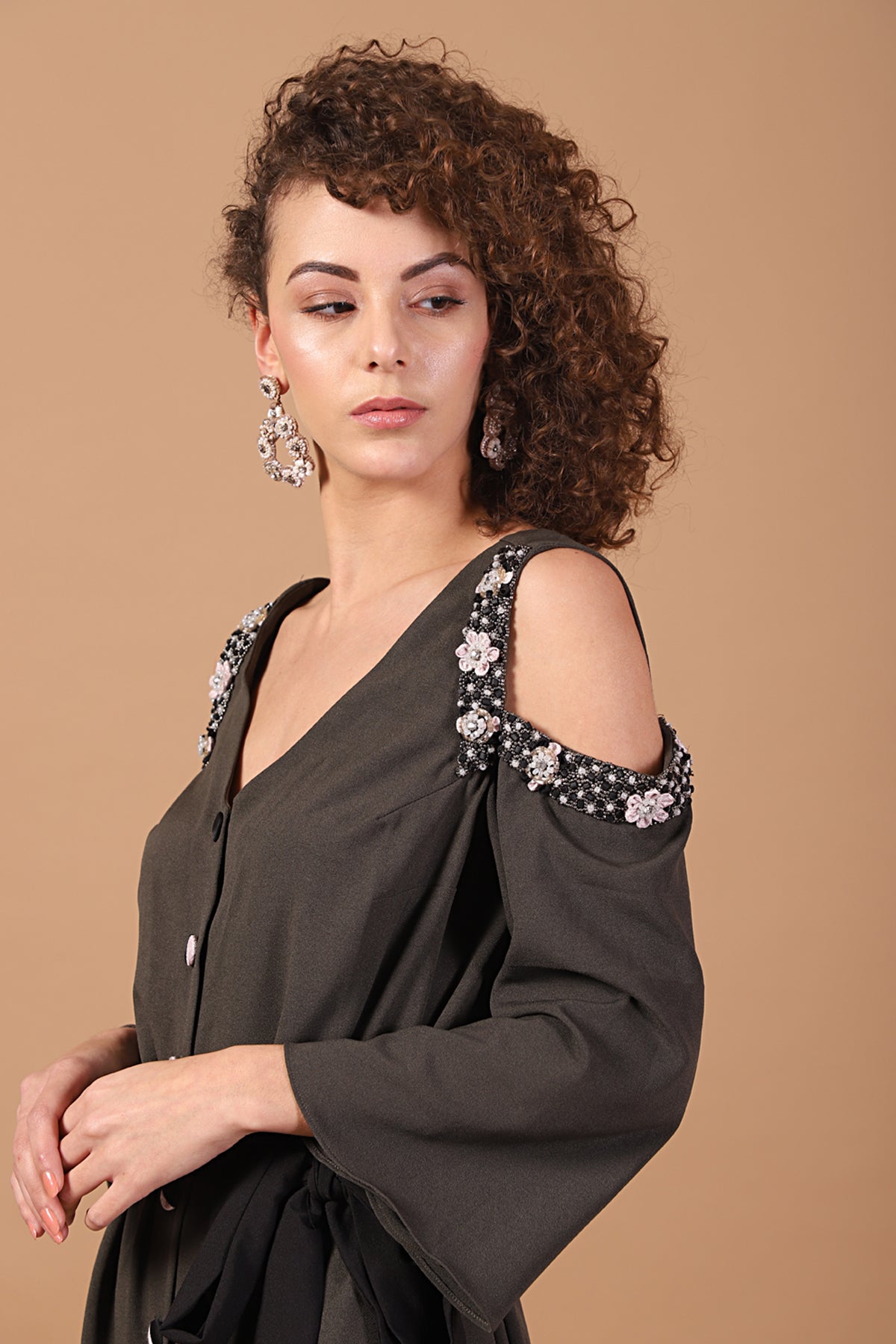Military Cut-out Sleeves Belted Dress