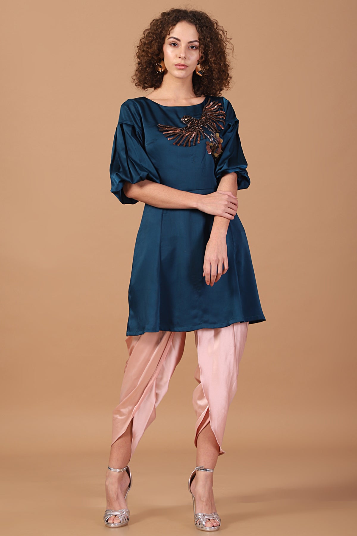 Teal Peplum Kurti with Tulip draped pants