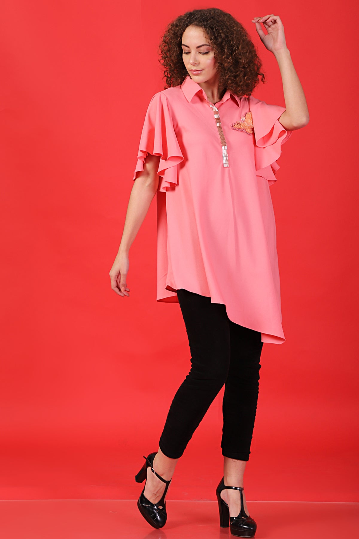 Asymmetric bell sleeves butterfly shirt