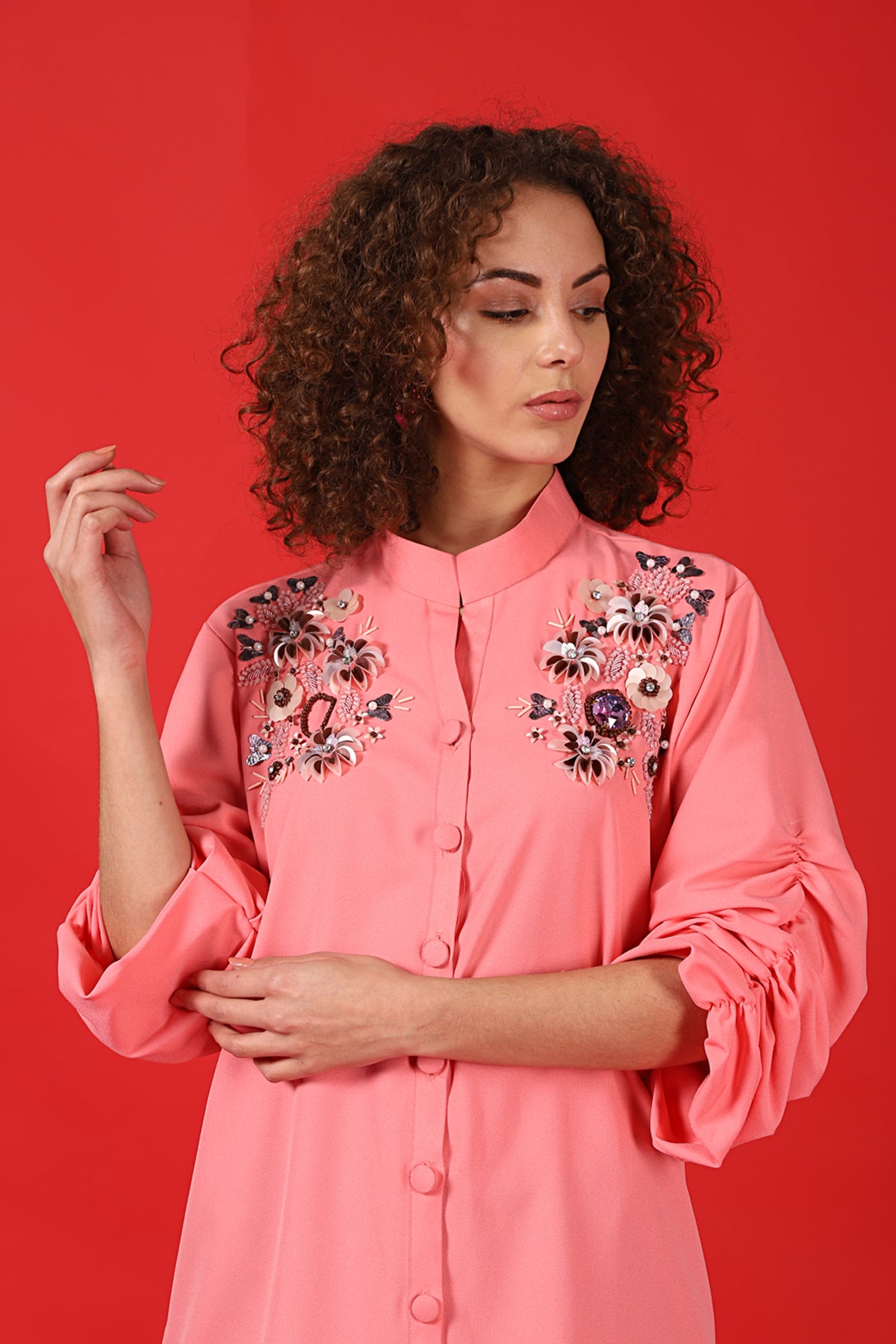 Blush ruched sleeves 3D embroidered shirt