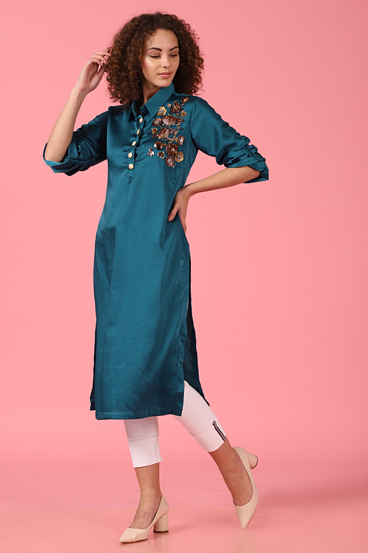 Bird Embellished Teal Shirt Kurti