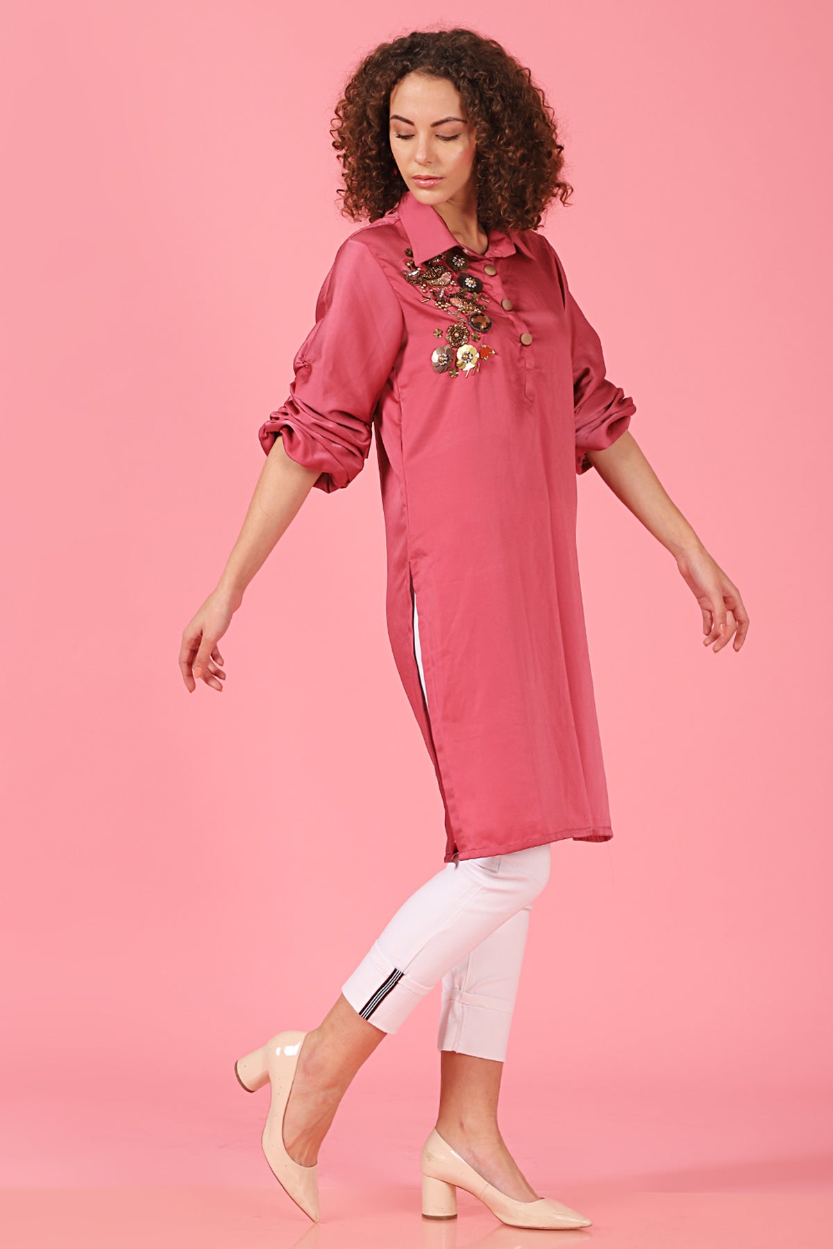 Bird Embellished ruched sleeve Shirt Kurti