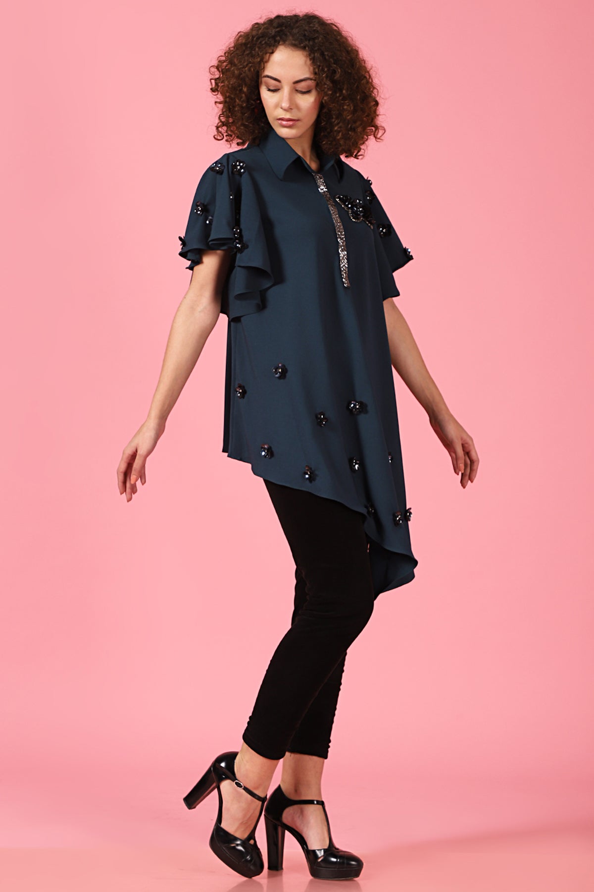 Asymmetric bell sleeves butterfly shirt