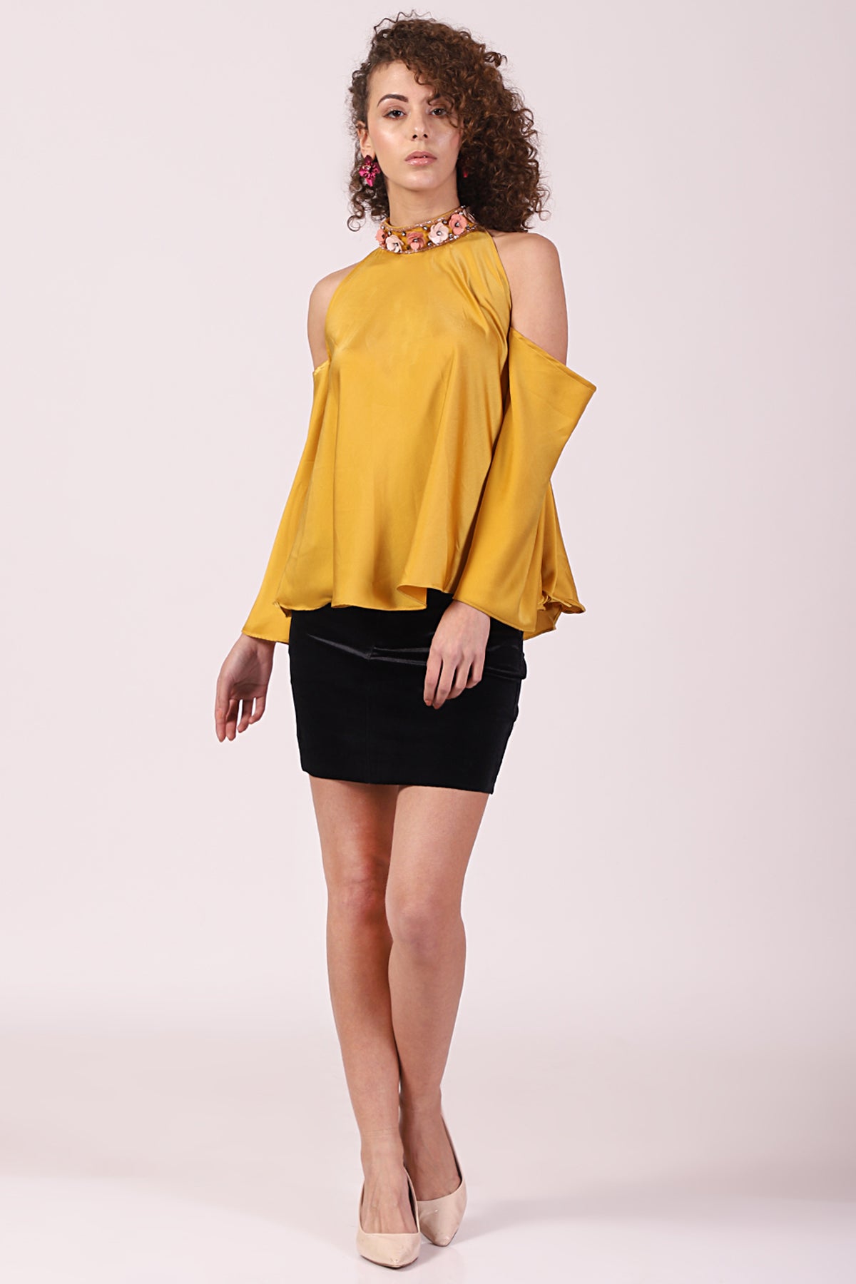 Mustard high-neck Cold Shoulder Top