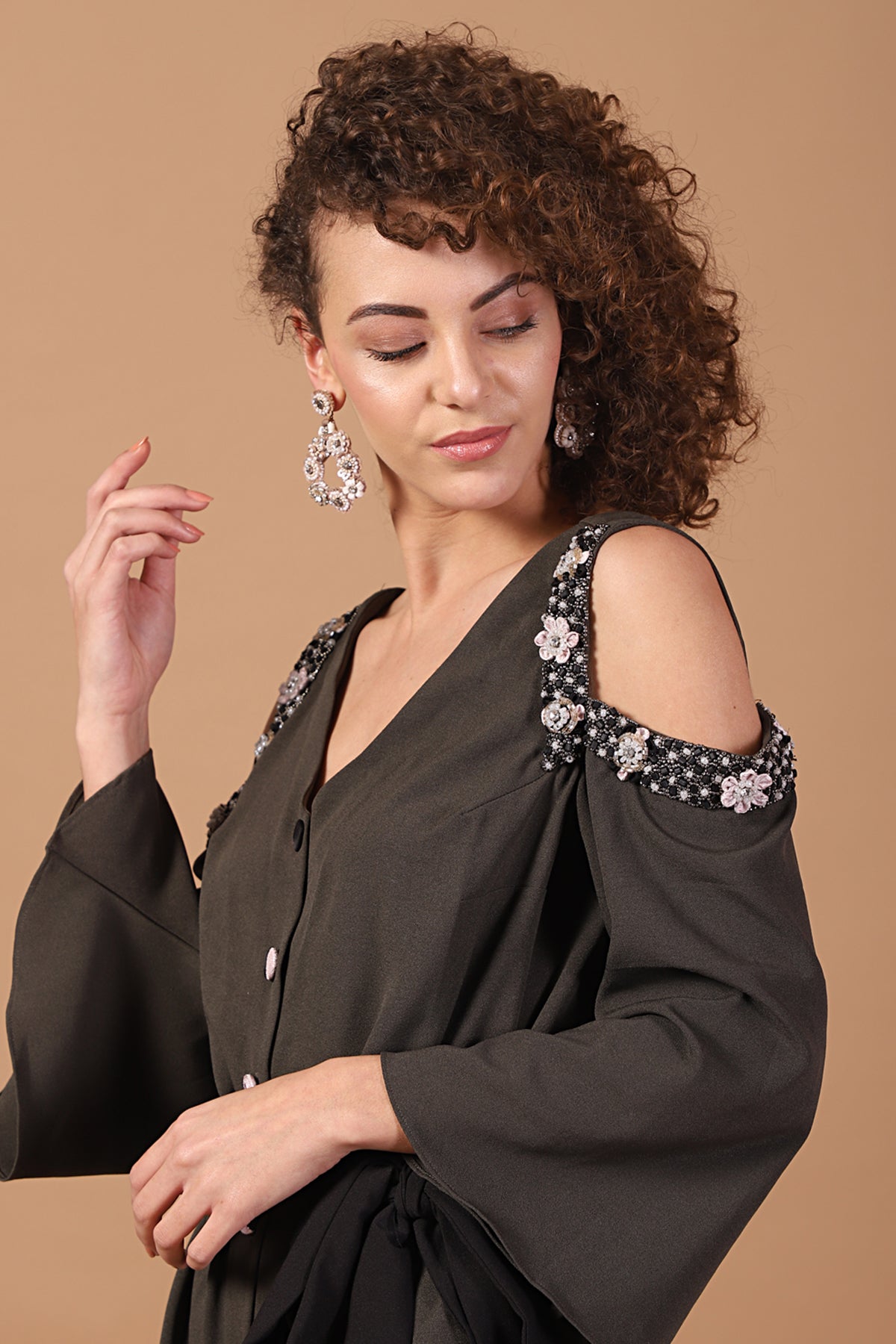 Military Cut-out Sleeves Belted Dress