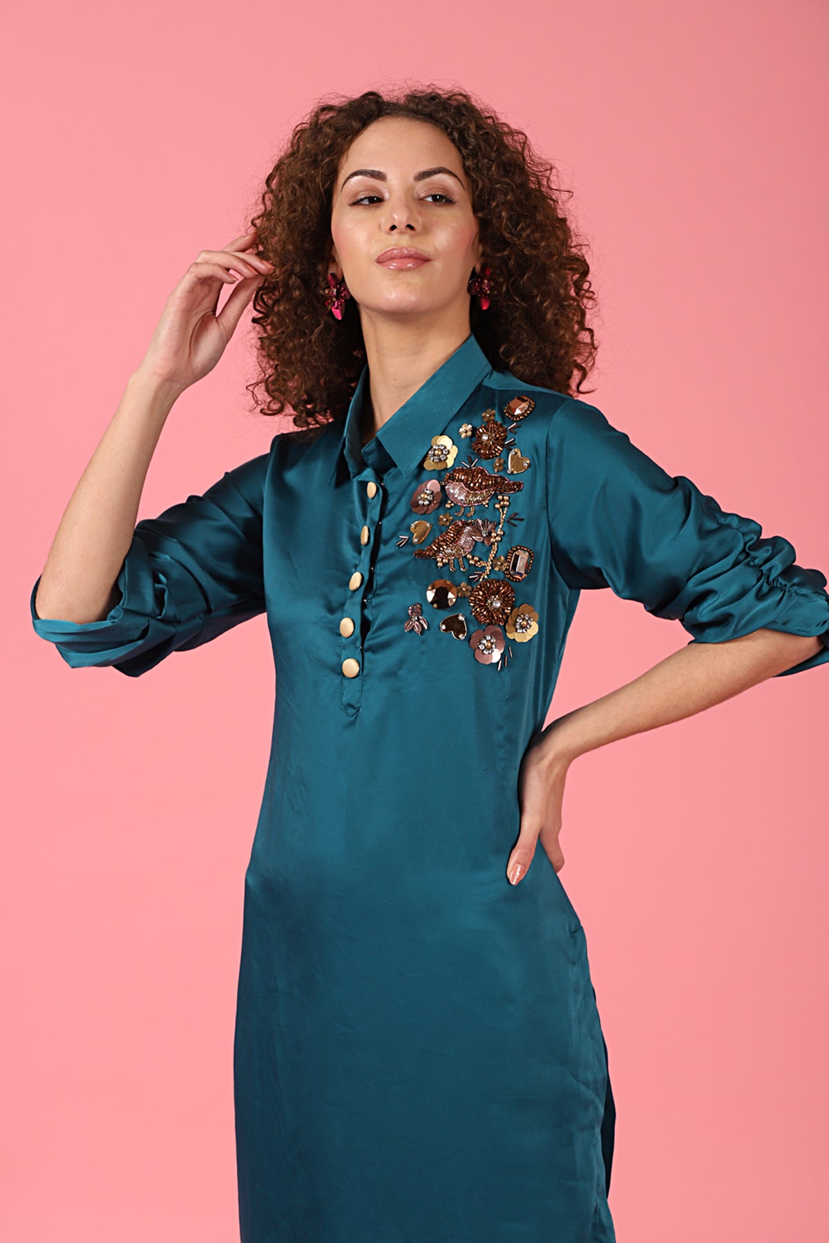 Bird Embellished Teal Shirt Kurti