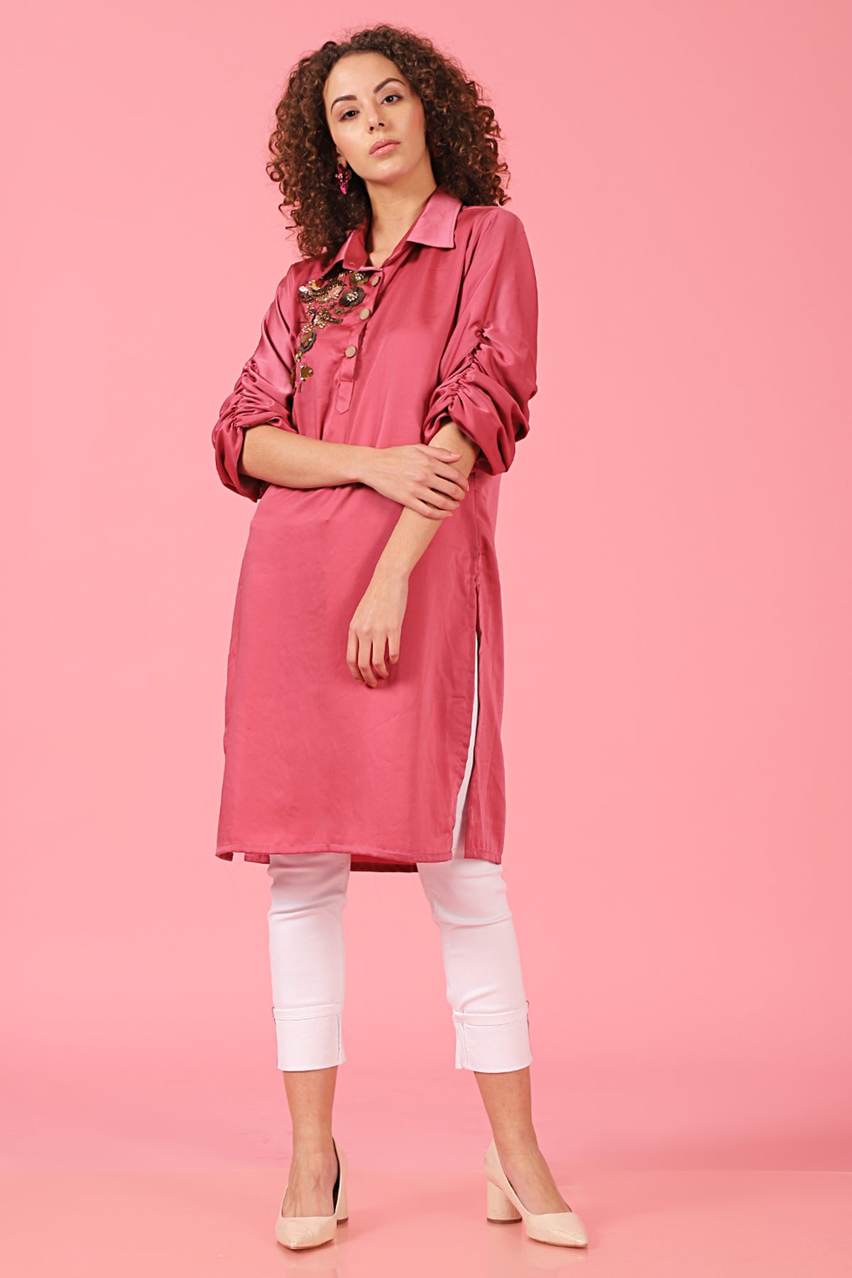 Bird Embellished ruched sleeve Shirt Kurti