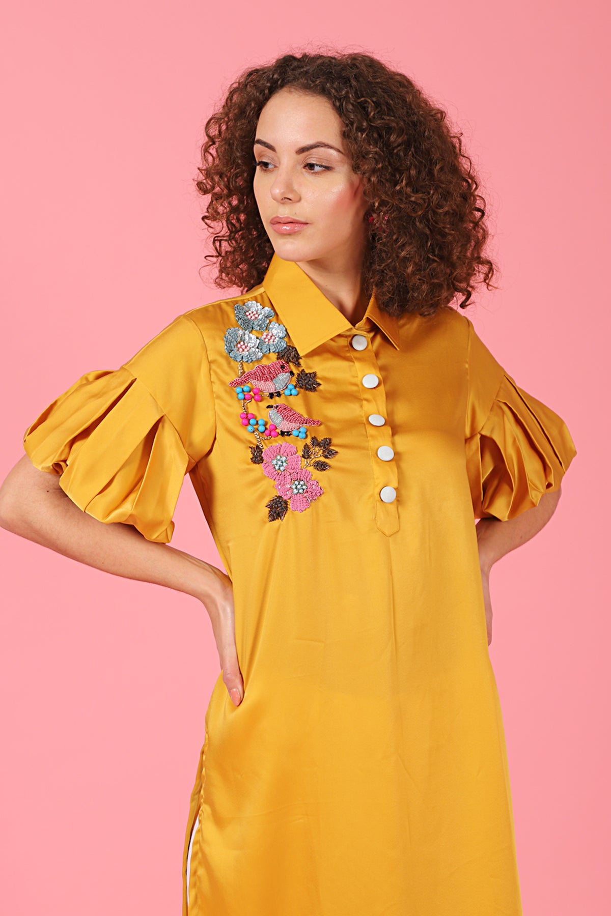 Bird Motif Mustard Lantern Shirt Kurti