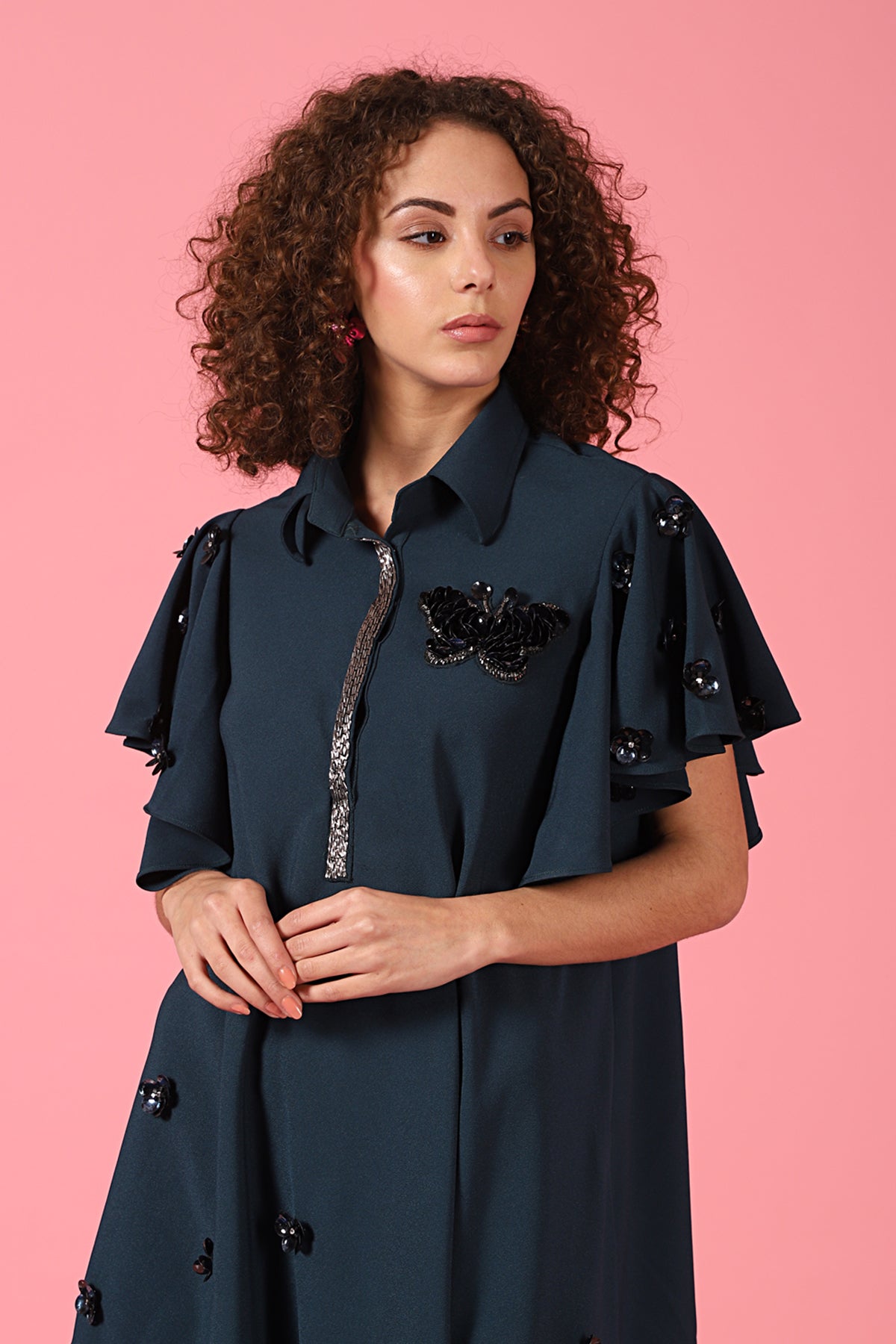Asymmetric bell sleeves butterfly shirt