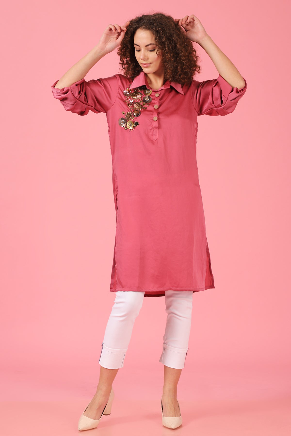 Bird Embellished ruched sleeve Shirt Kurti