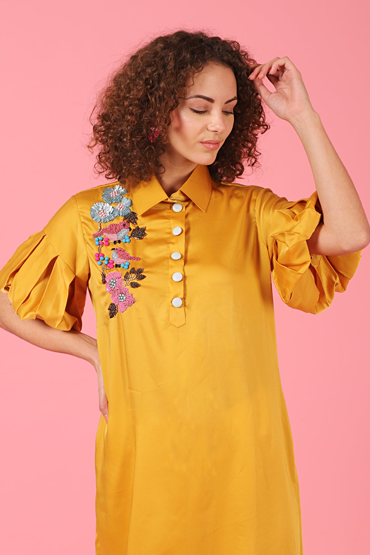 Bird Motif Mustard Lantern Shirt Kurti