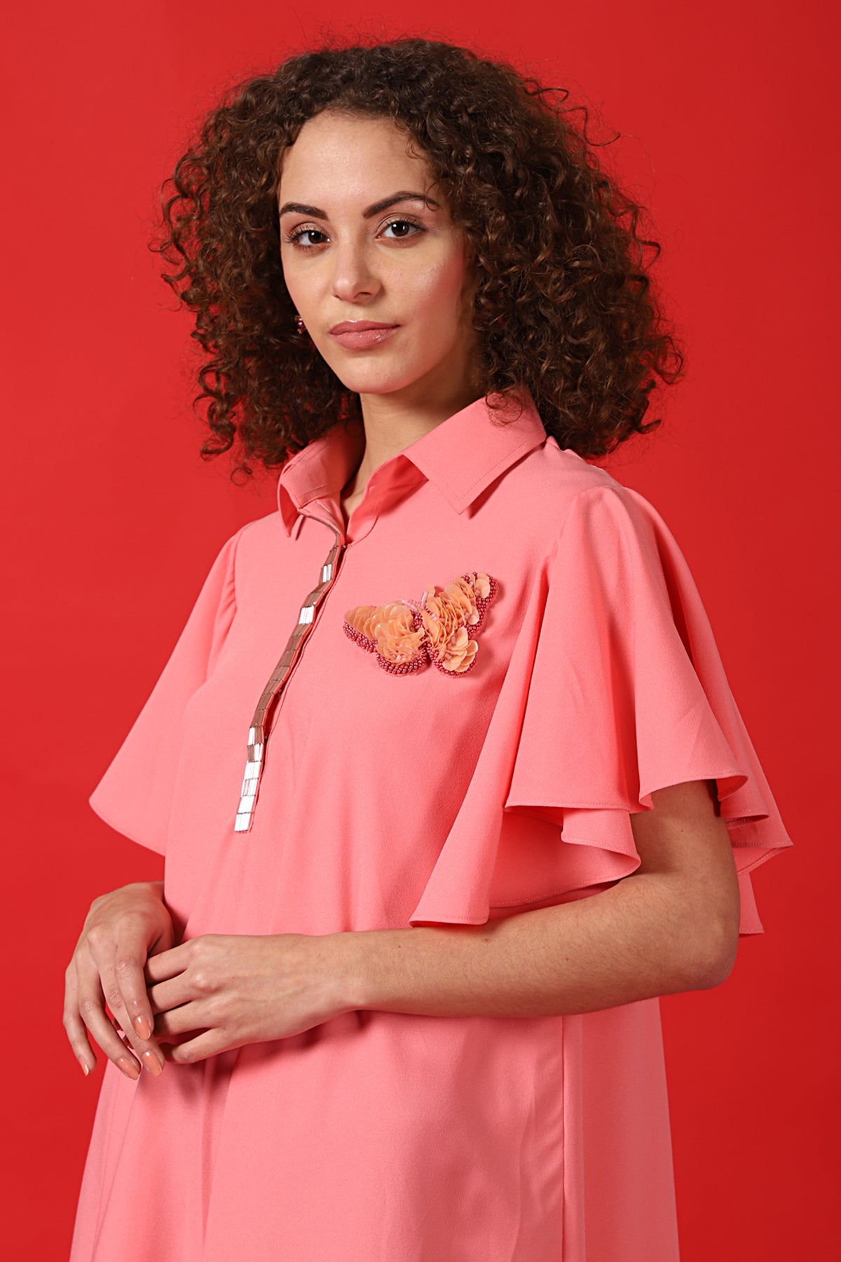 Asymmetric bell sleeves butterfly shirt