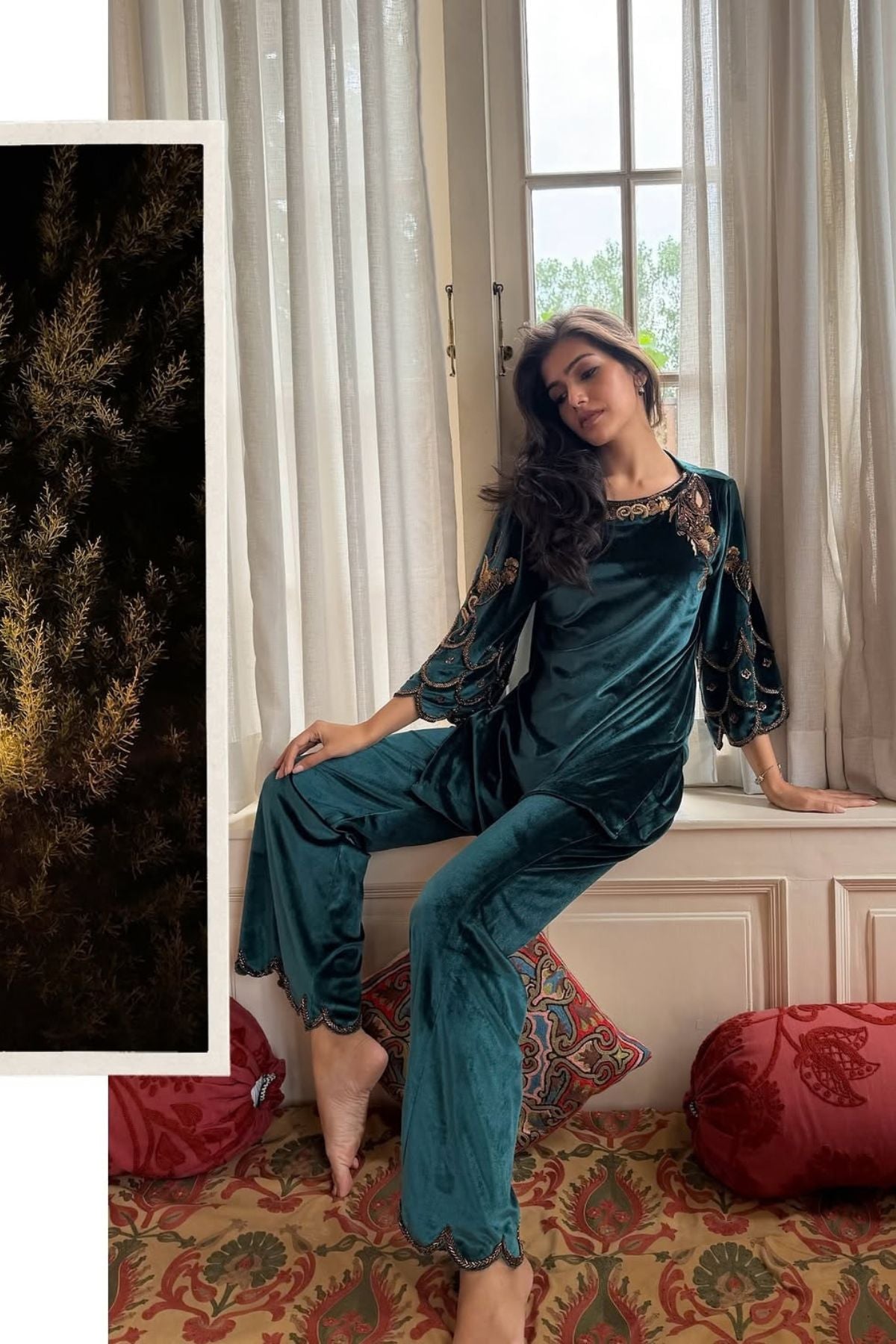 Bottle green velvet keyhole kurti with Baroque motif work, paired with scalloped trousers detailed on neckline, sleeves, and hem Shop Now!