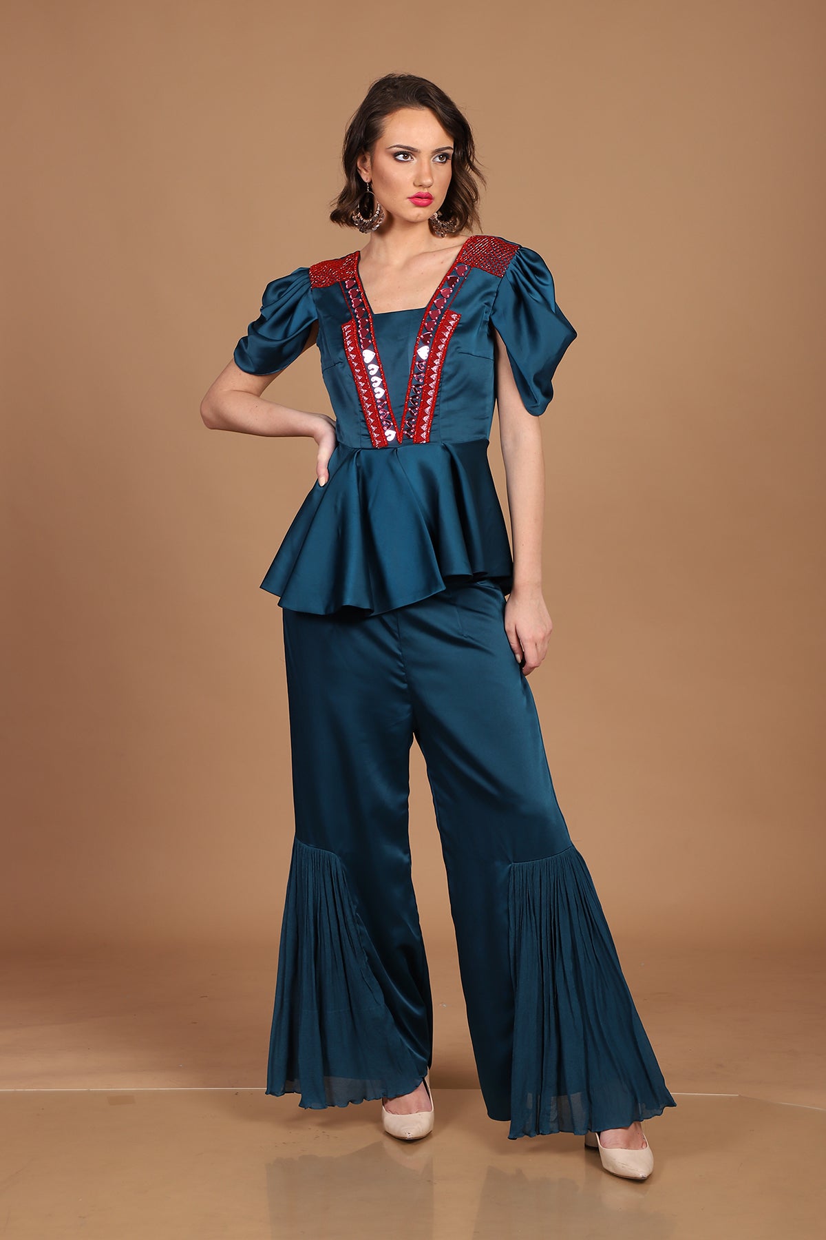 Teal Red Peplum Palazzo co-ordinate set