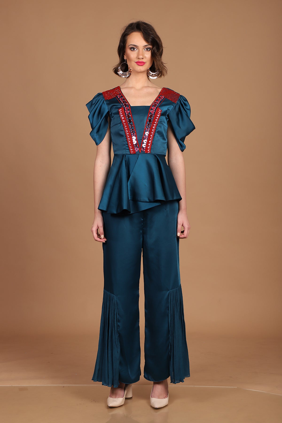 Teal Red Peplum Palazzo co-ordinate set